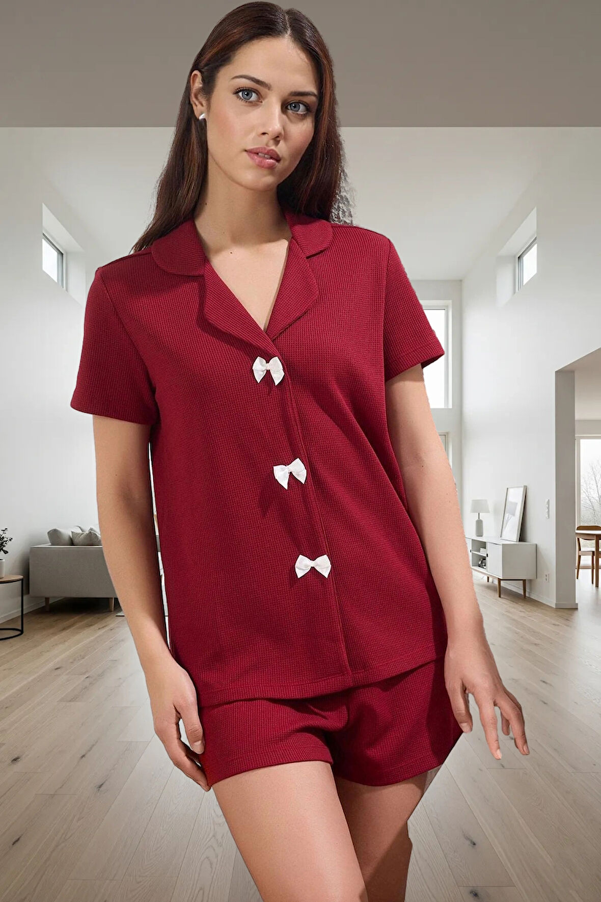 Kadın Waffle Kumaş Kısa Kollu Pijama Takımı Günlük Kullanım İçin Mükemmel Uyum