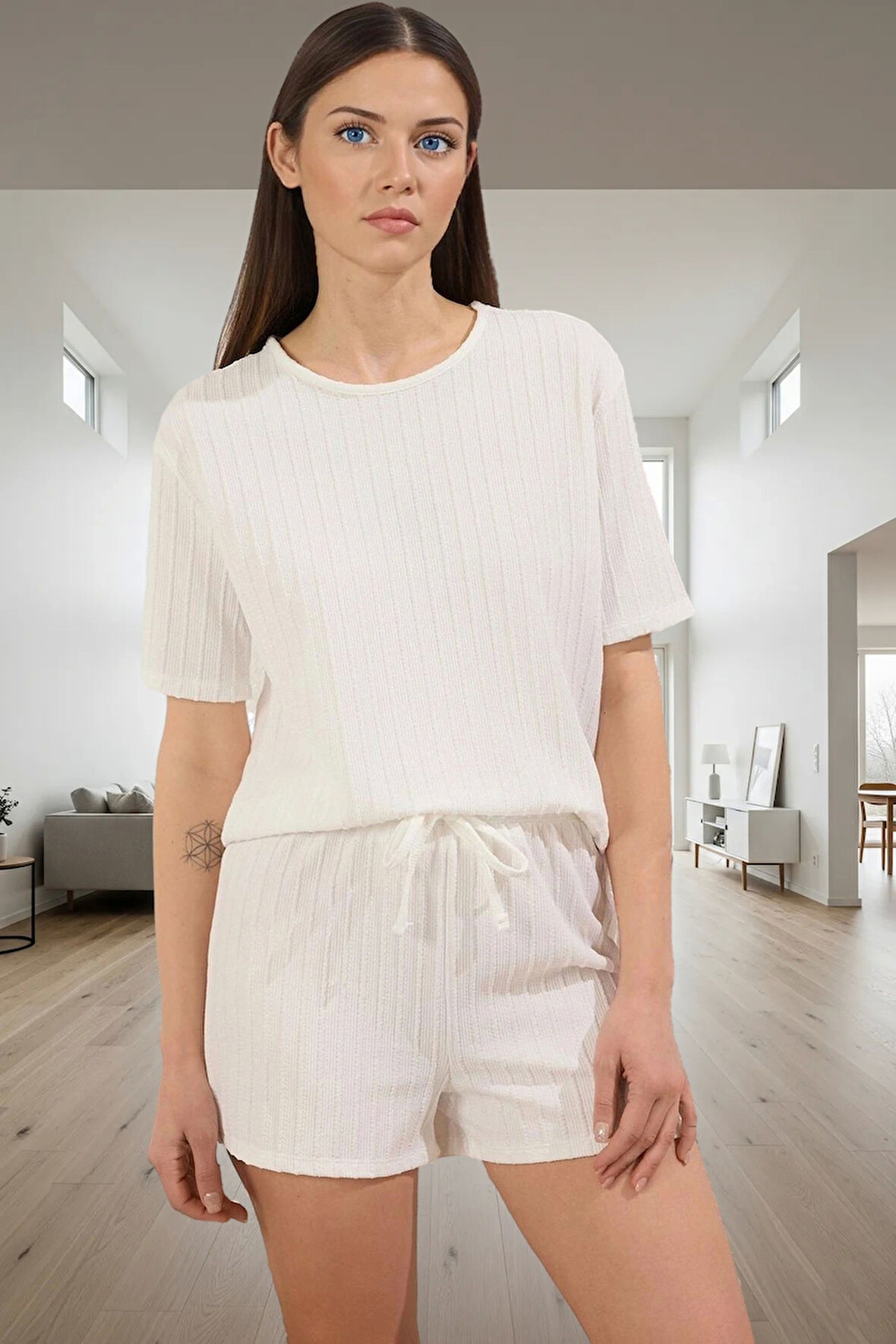 Kadın Rahat Örme Pijama Takımı Şortlu Kısa Kollu Yazlık Modern Stil Günlük Kullanım İçin