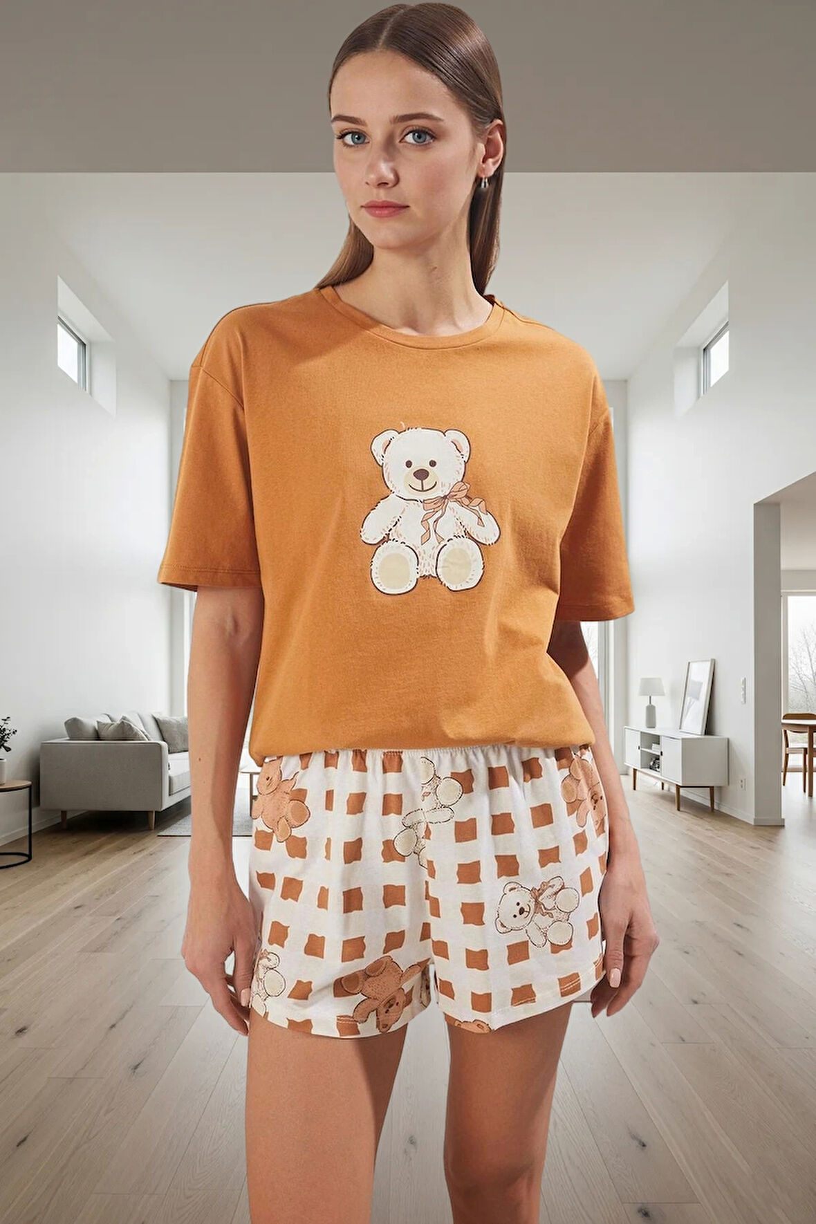 Kadın Ayıcıklı Pamuklu Pijama Takımı Rahat Ev Giyim Seti Yazlık Özenle Seçilmiş Seçkin Malzeme