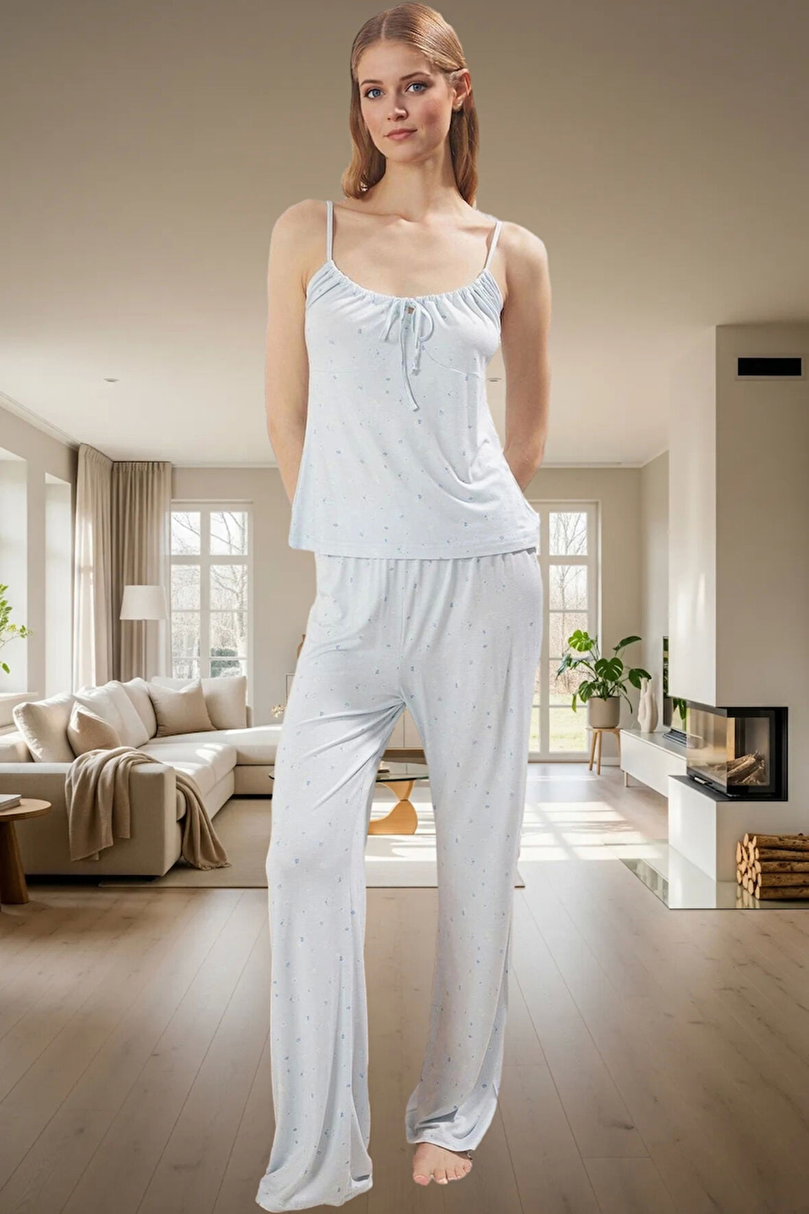 Kadın Çok Çiçekli İnce Askılı Viskoz Pijama Takımı Rahat Ev Giyim Kullanım Mükemmel Uyum