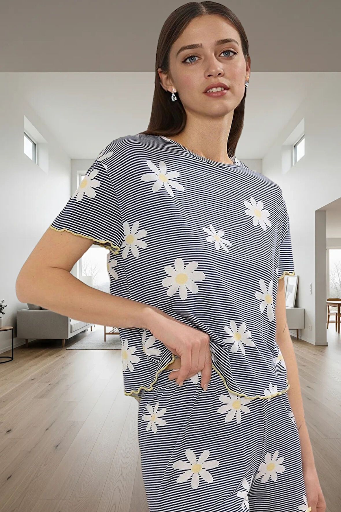 Kadın Yazlık Kısa Kollu Çiçekli Şortlu Pijama Takımı Viskoz Örme Rahat Ev Giyim Günlük Kullanım İçin