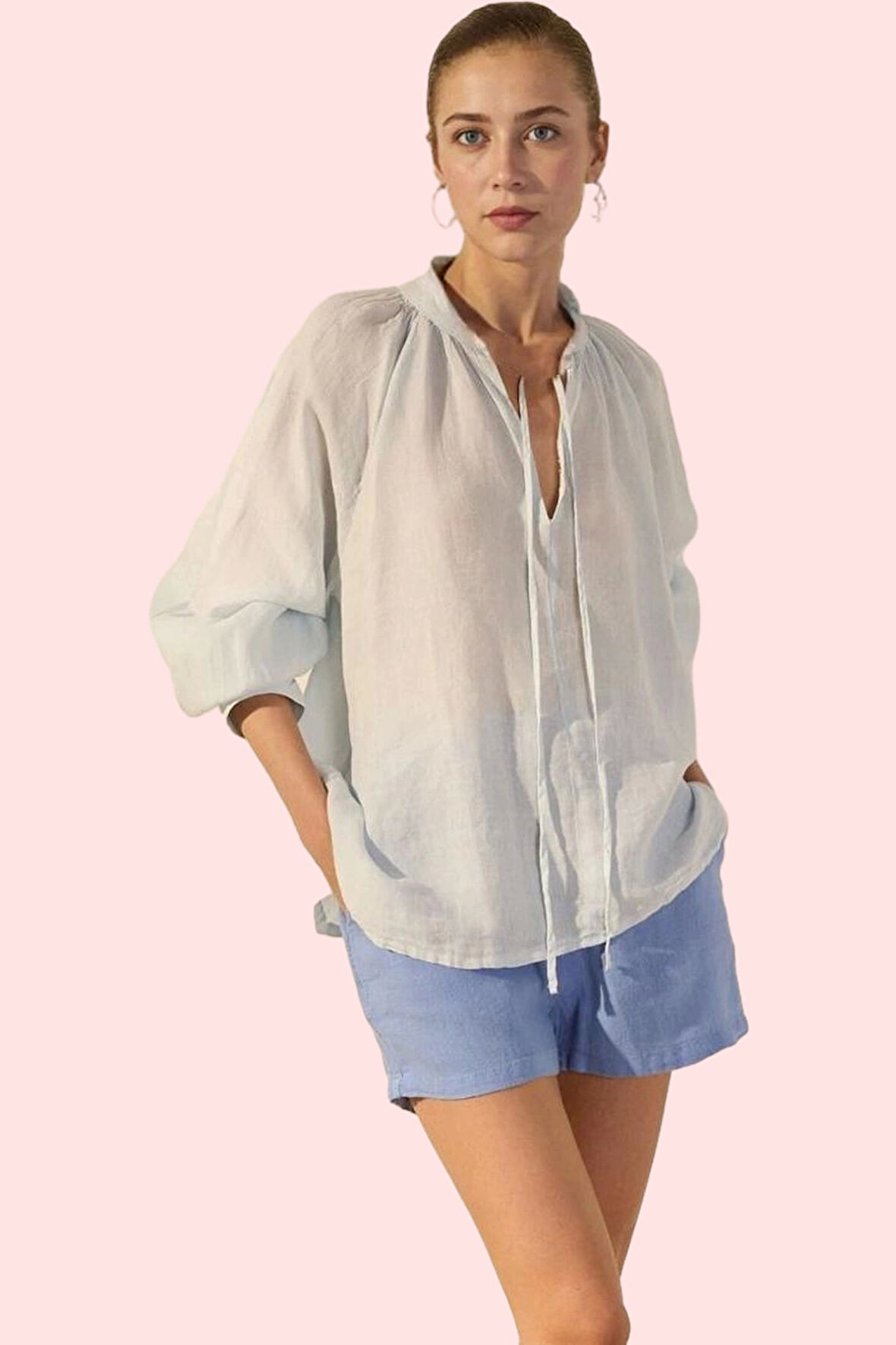 Kadın Keten Dik Yaka Gömlek Standart Kol Uzun Boy Günlük Yaz Hafta Sonu Stilin Buluştuğu Yer