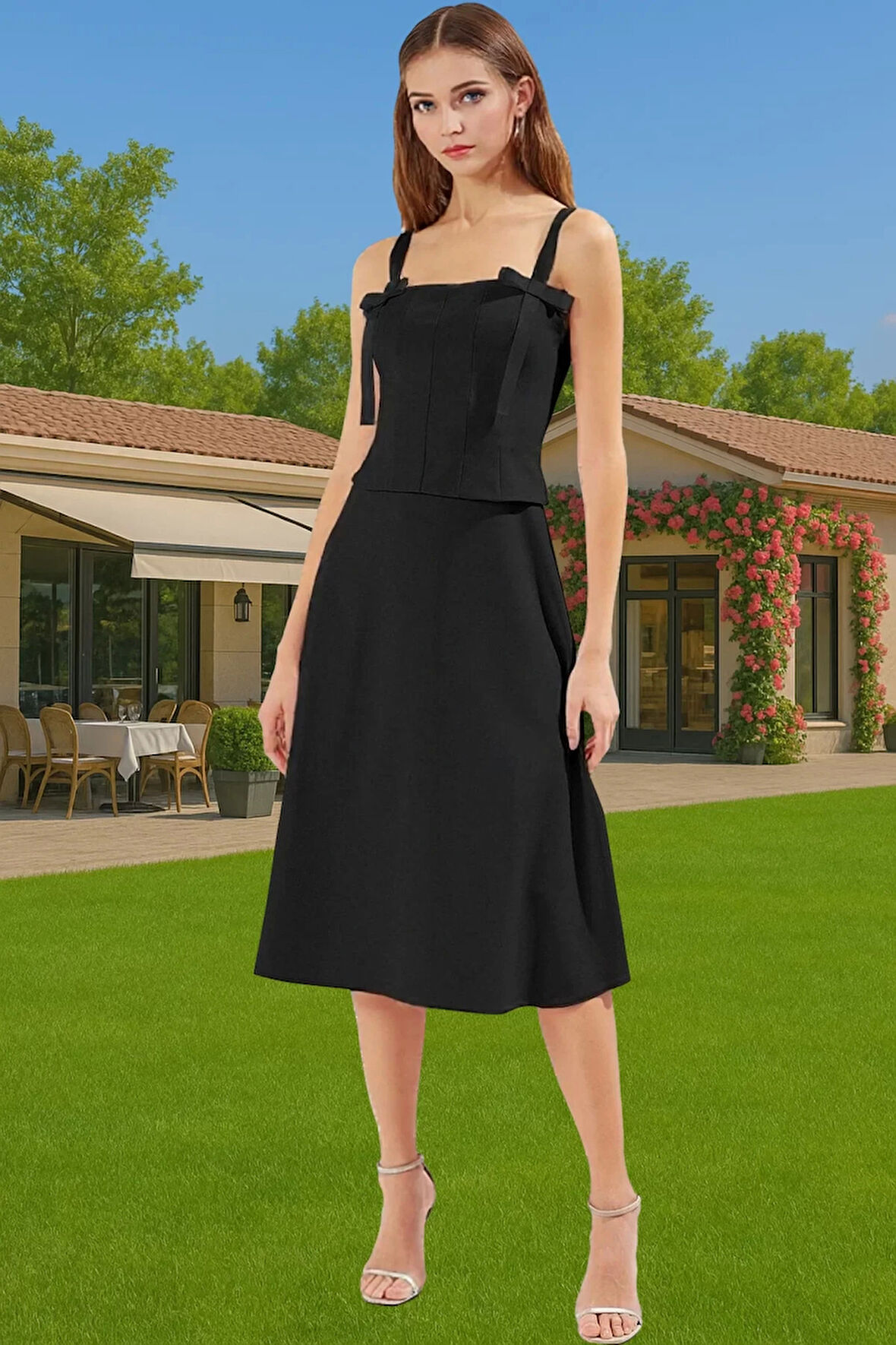 Kadın A Kesim Fiyonk Detaylı Midi Elbise Dokuma Yazlık Mezuniyet Modern Stil Rahat Ve Şık