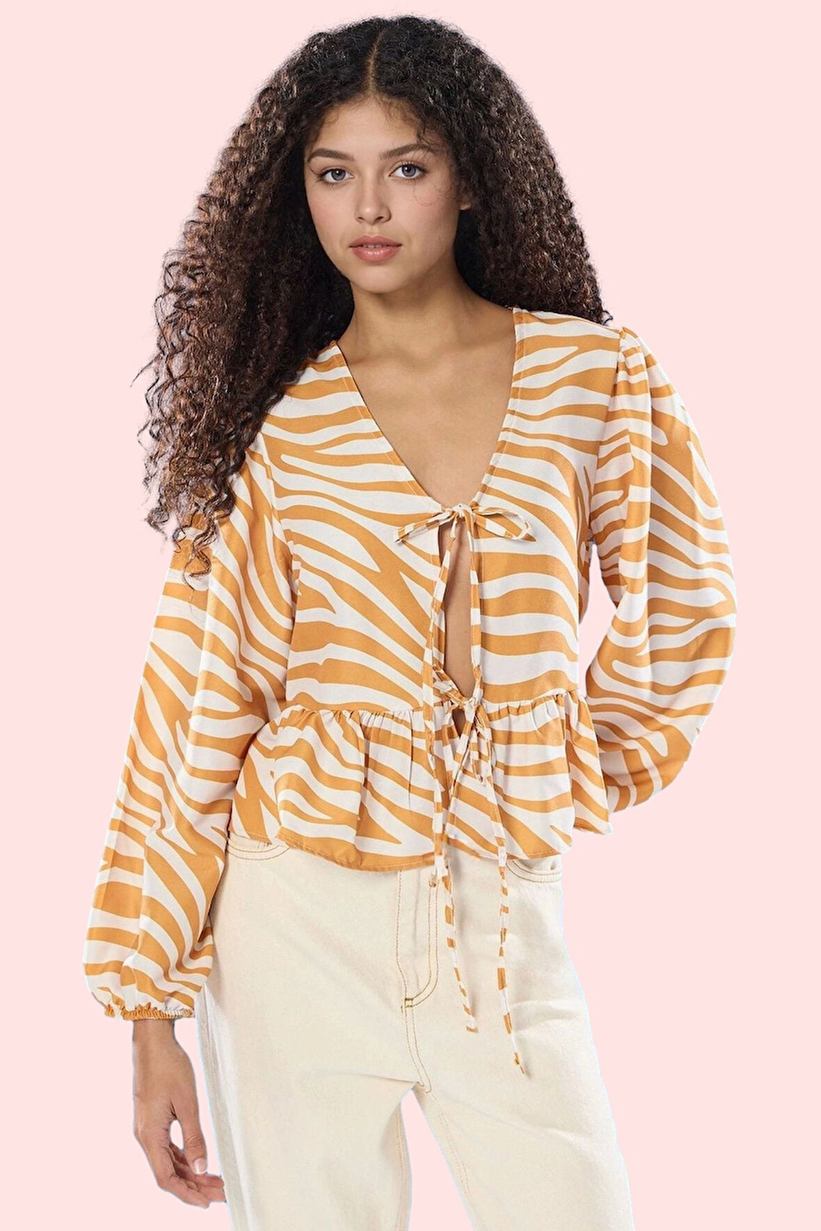 Kadın V Yaka Animal Desenli Uzun Kollu Bağcıklı Gömlek Günlük Kullanım Yaz Aylarının Vazgeçilmezi