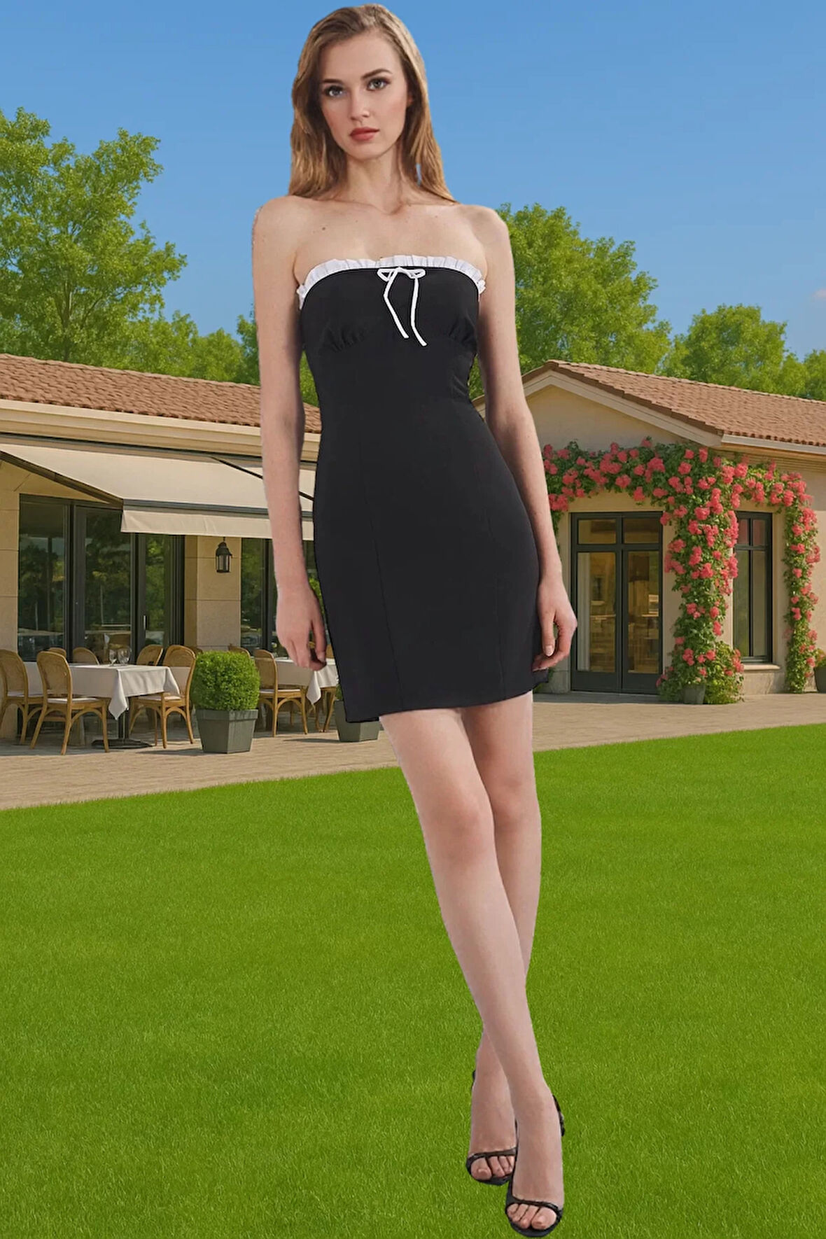 Mini Bodycon Abiye Elbise Bağcıklı Detay Dokuma Kumaş Yazlık Seçkin Malzeme Özel Tasarım