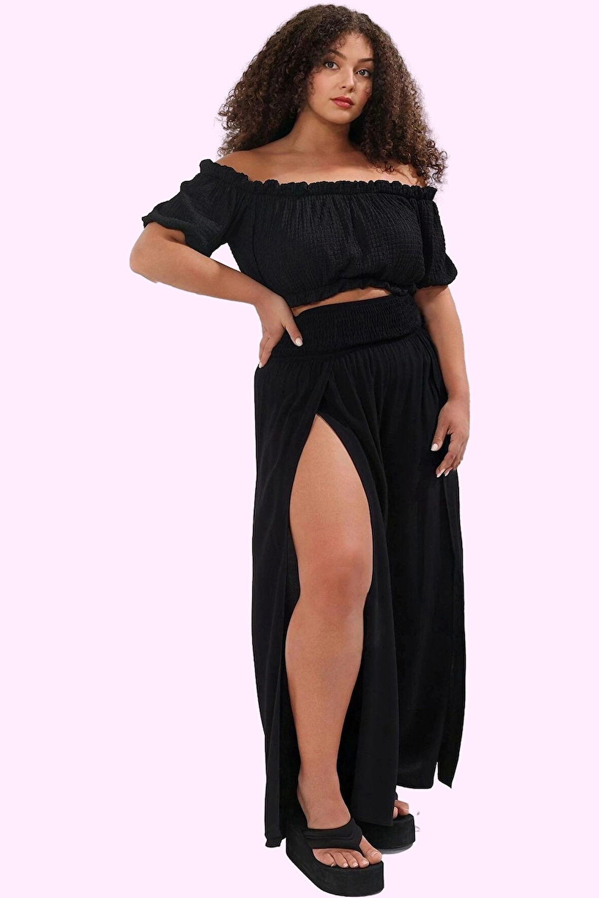 Kadın Geniş Paça Crinkle Dokuma Pantolon Çiçekli Desen Yüksek Bel Yazlık Plaj Günlük Kullanım