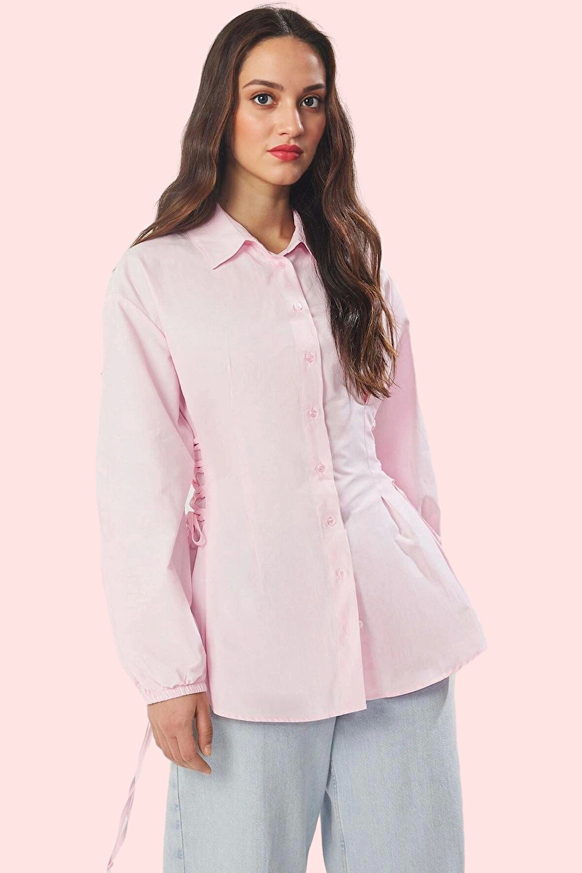 Kadın Uzun Kollu Gömlek Yaka Dokuma Basic Kalıp Terrycotton Kumaş Günlük Kullanım Hafta Sonu