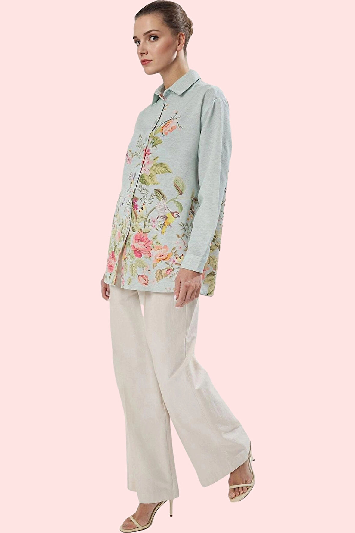 Kadın Çiçekli Desenli Oversize Keten Görünümlü Gömlek Polyester Günlük Kullanım Hafta Sonu