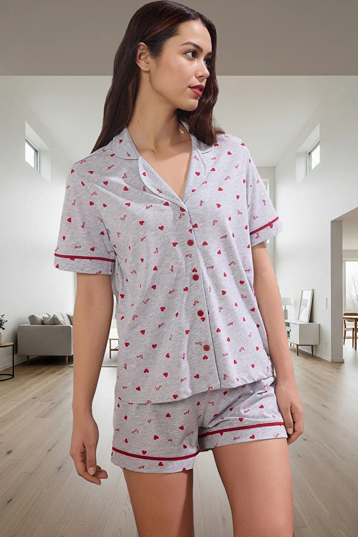 Kadın Melanj Pamuklu Kısa Kollu Pijama Takımı Kalpli Desen Zarif Tasarım Seçkin Malzeme