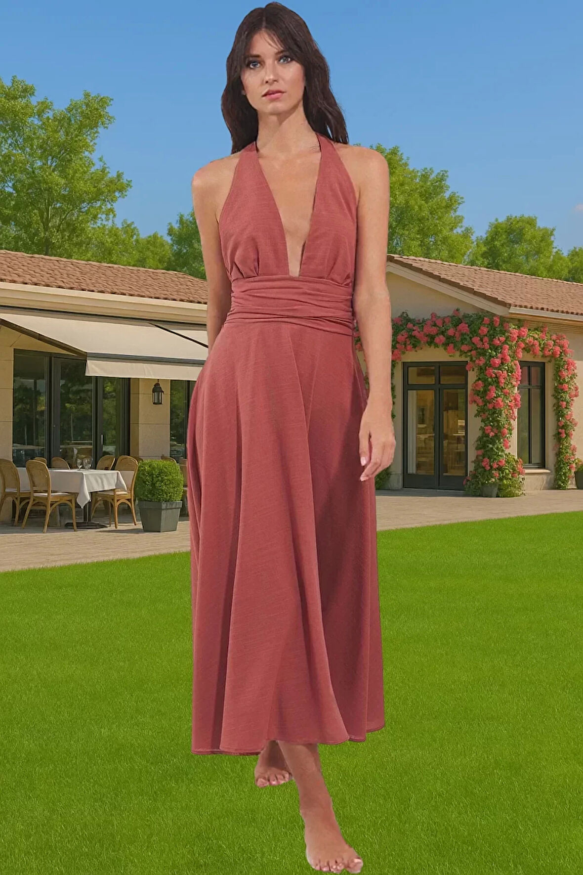 Yazlık Kadın Midi Boy Pamuklu Plaj Elbisesi Bağlamalı Tek Kol Yüksek Kalite Profesyonel Görünüm