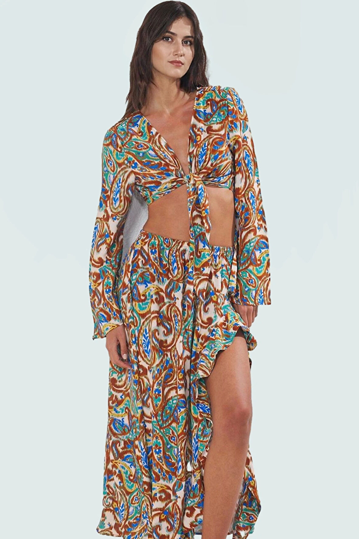 Yazlık Çok Desenli Viskoz Bluz Etek Takım Plaj Şıklığı İçin Uzun Ömürlü Modern Stil