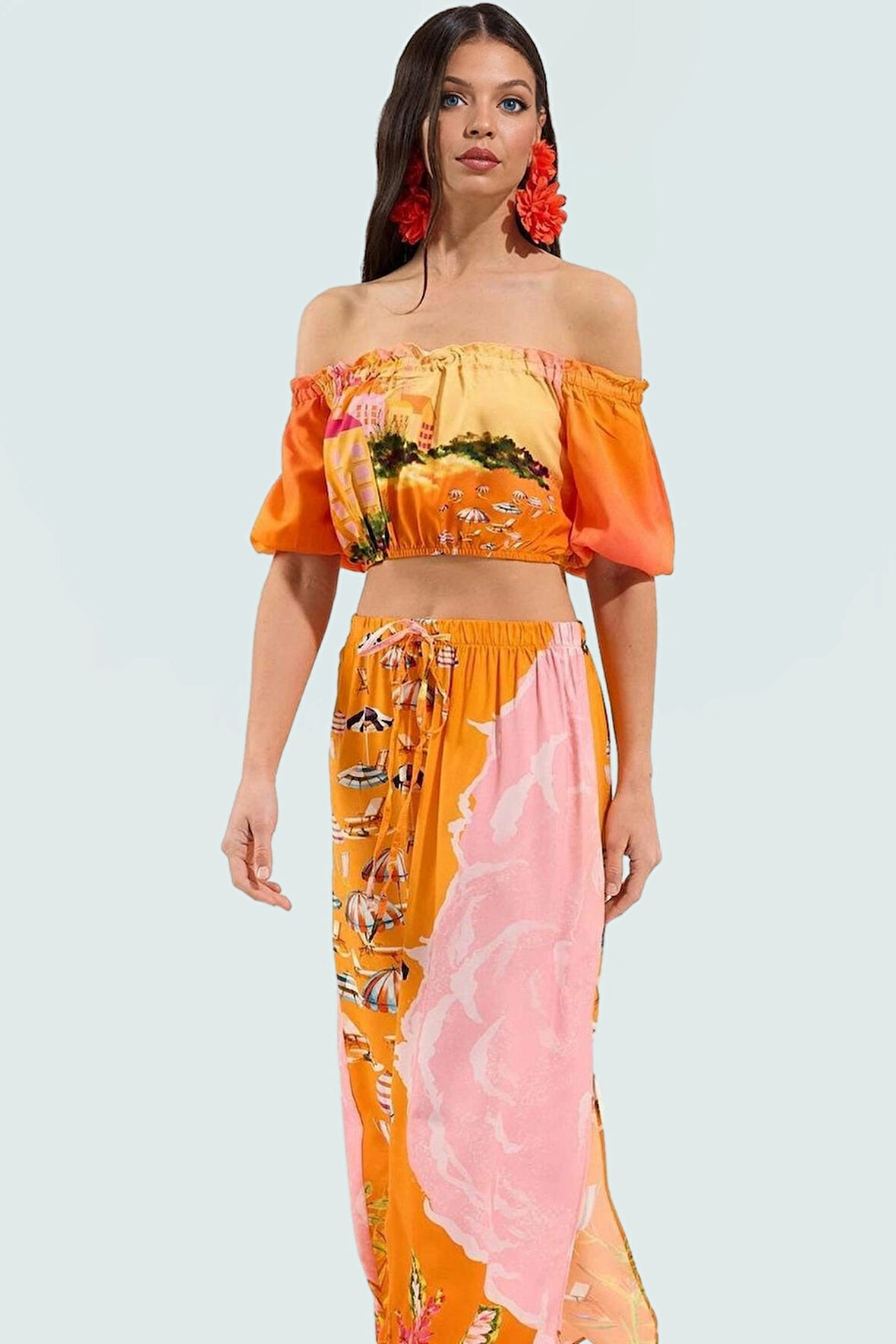 Şık Manzara Desenli Viskoz Plaj Bluz Etek Takımı Yazlık Rahat Kombin Zarifane Tasarım Ve