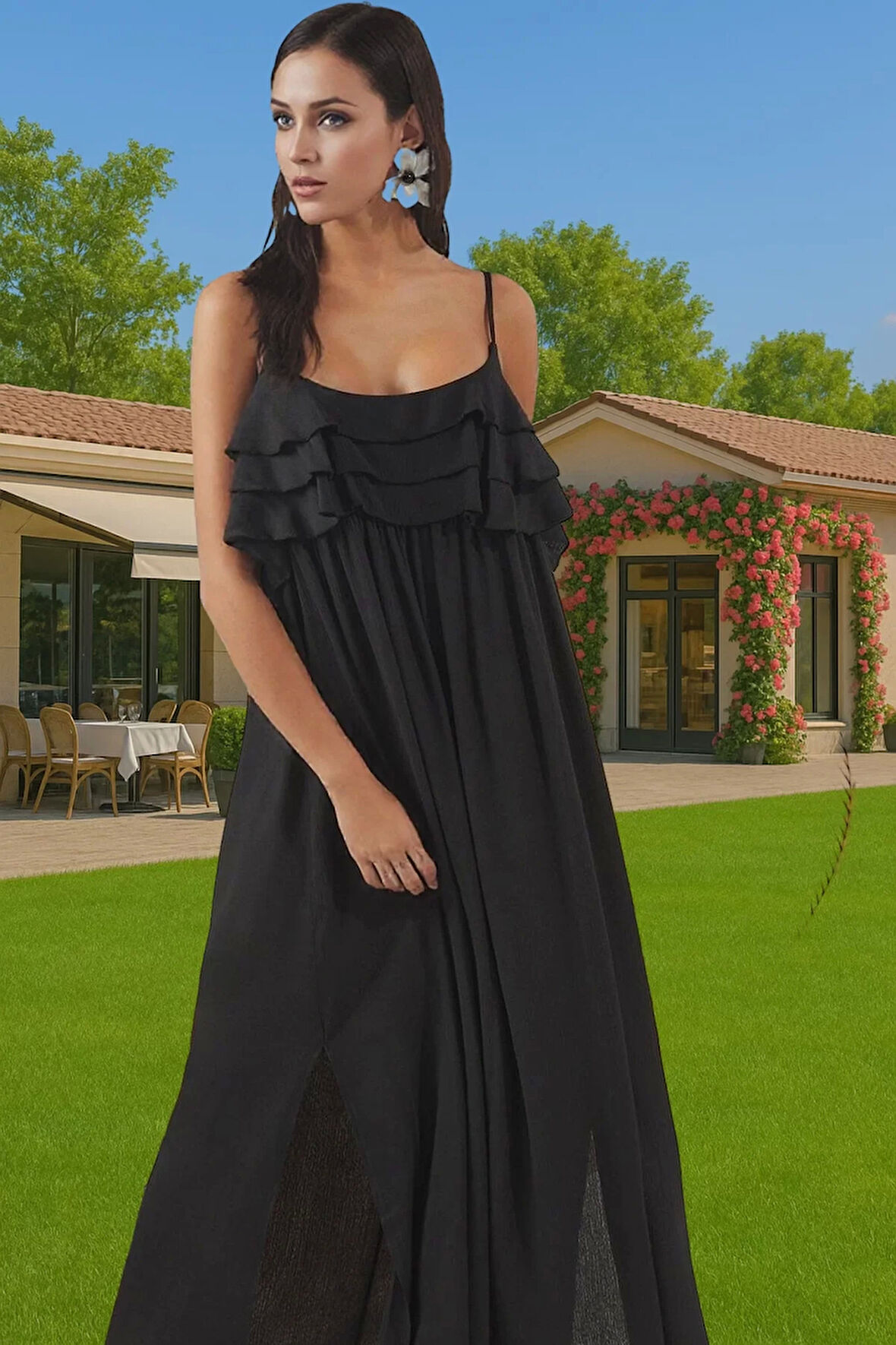 Maxi Dokuma Viskoz Plaj Elbisesi Volanlı Tek Kol Detaylı Yazlık Özenle Seçilmiş Konforlu Kesim