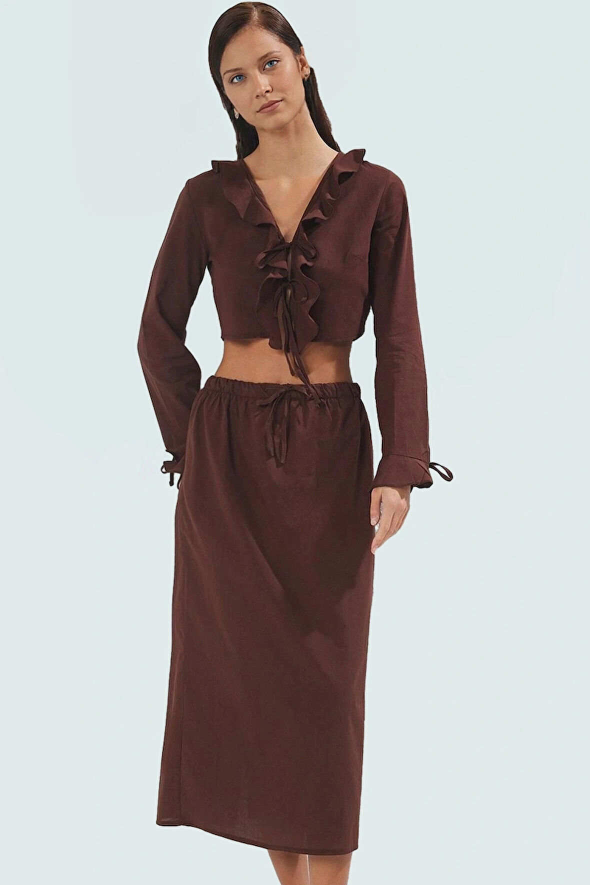 Yazlık Kadın Uzun Kollu Pamuklu Bluz Etek Takım Plaj Modası Profesyonel Görünüm Modern Stil