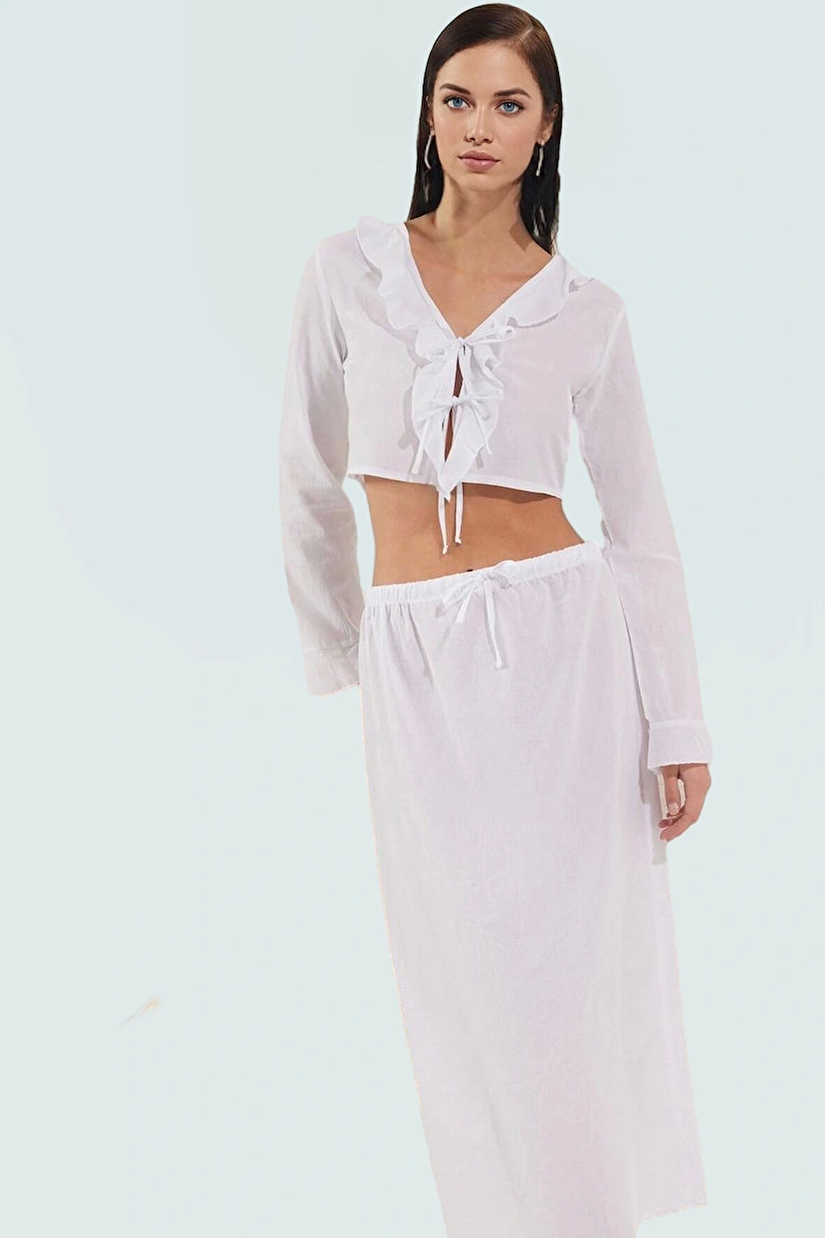 Yazlık Kadın Uzun Kollu Pamuklu Bluz Etek Takım Plaj Modası Profesyonel Görünüm Modern Stil