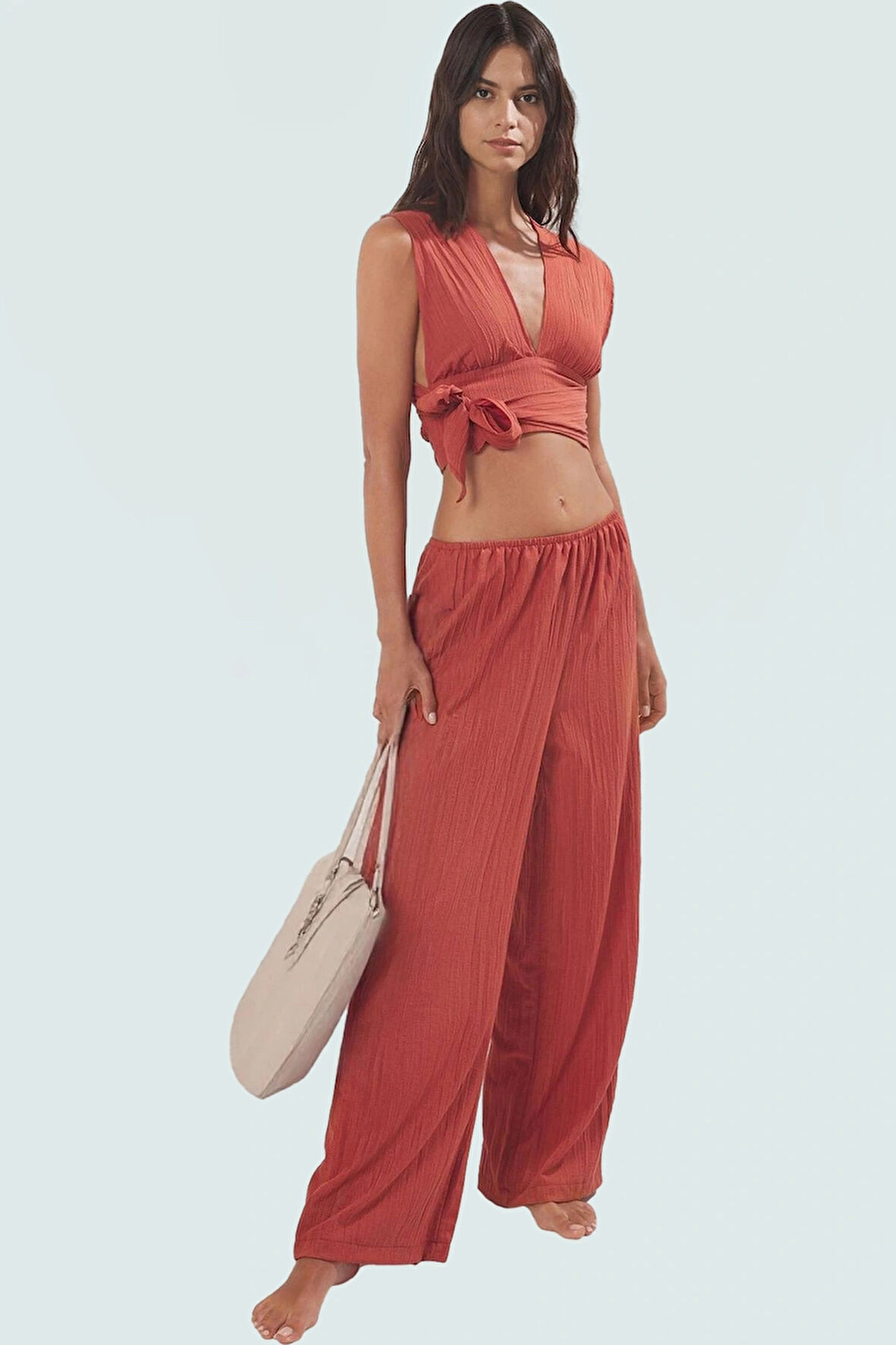 Yazlık Plaj Bluz Pantolon Takımı Dokuma Viskoz Polyester Oversize Rahat Kullanım