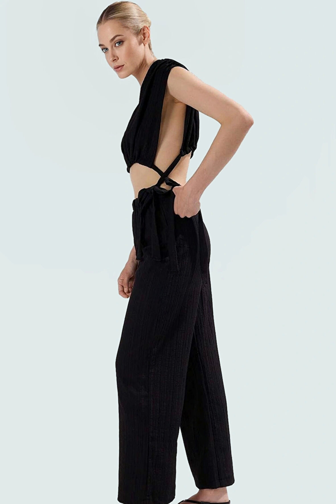 Kadın Pamuklu Dokuma Plaj Bluz Pantolon Takımı Rahat Yaz Kombinleri İçin Modern Stil