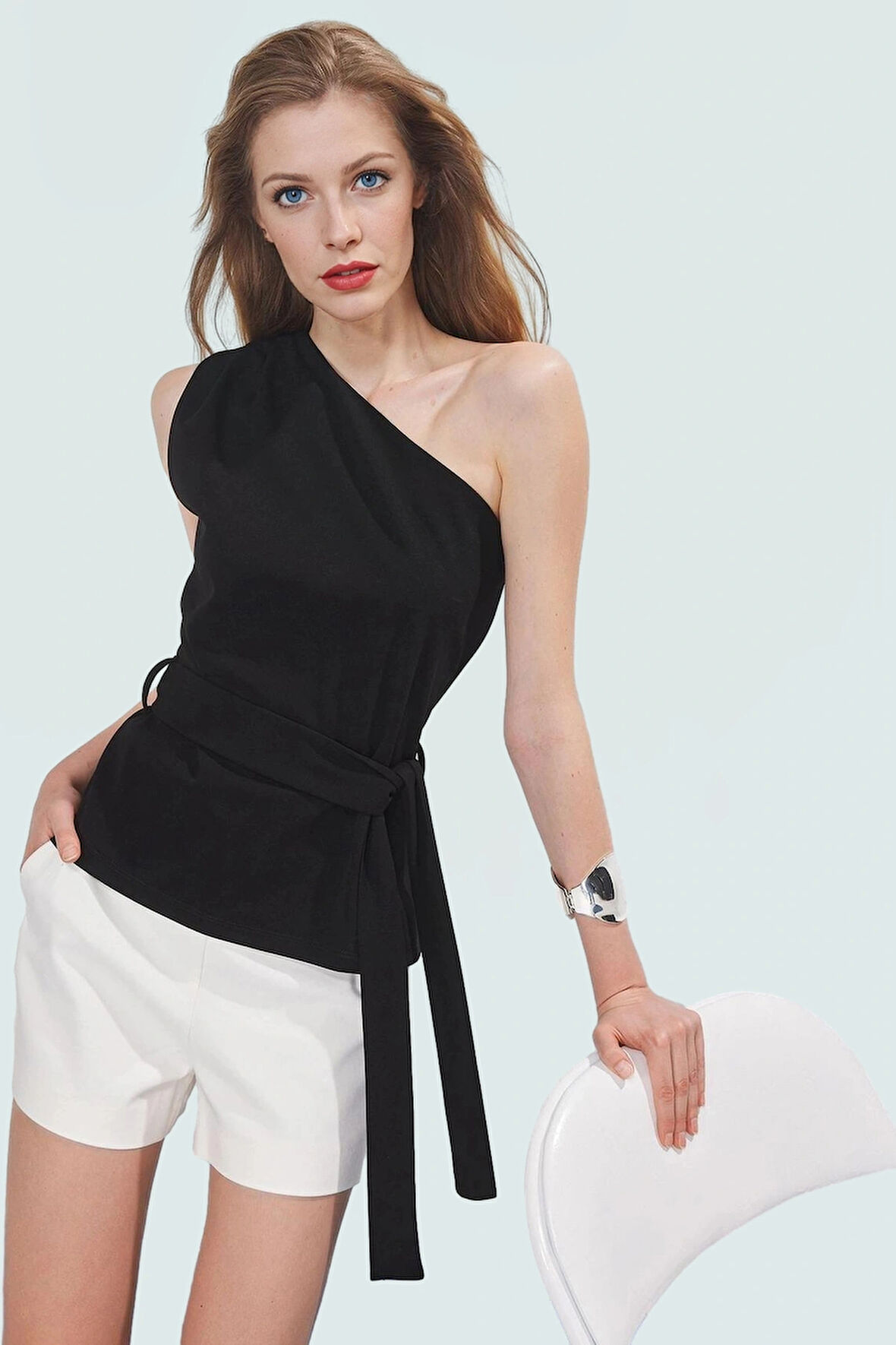 Asimetrik Yaka Fitted Krep Bluz Bel Kuşağı Detaylı Günlük Kullanım İçin Uzun Ömürlü