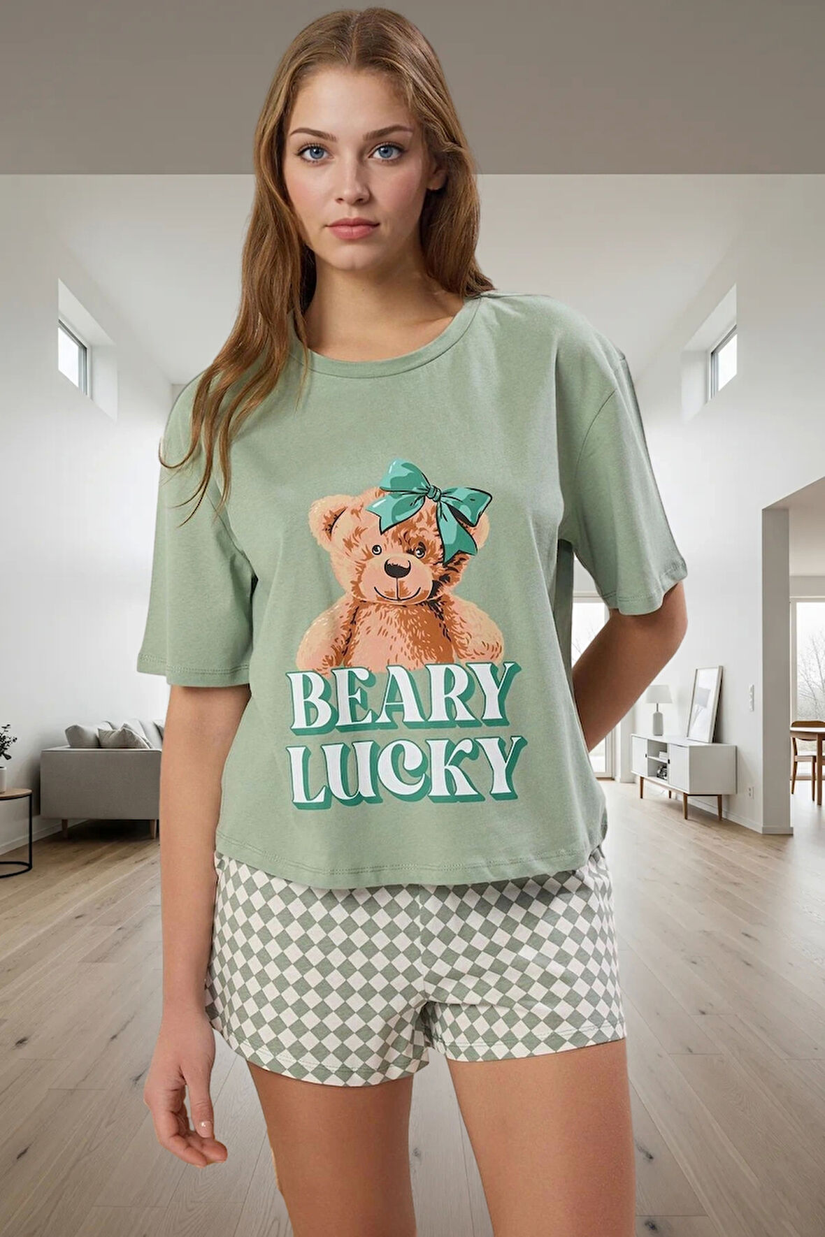 Kadın Ayıcıklı Pamuklu Pijama Takımı Rahat Kesim Kısa Kol Kullanım Günlük İçin