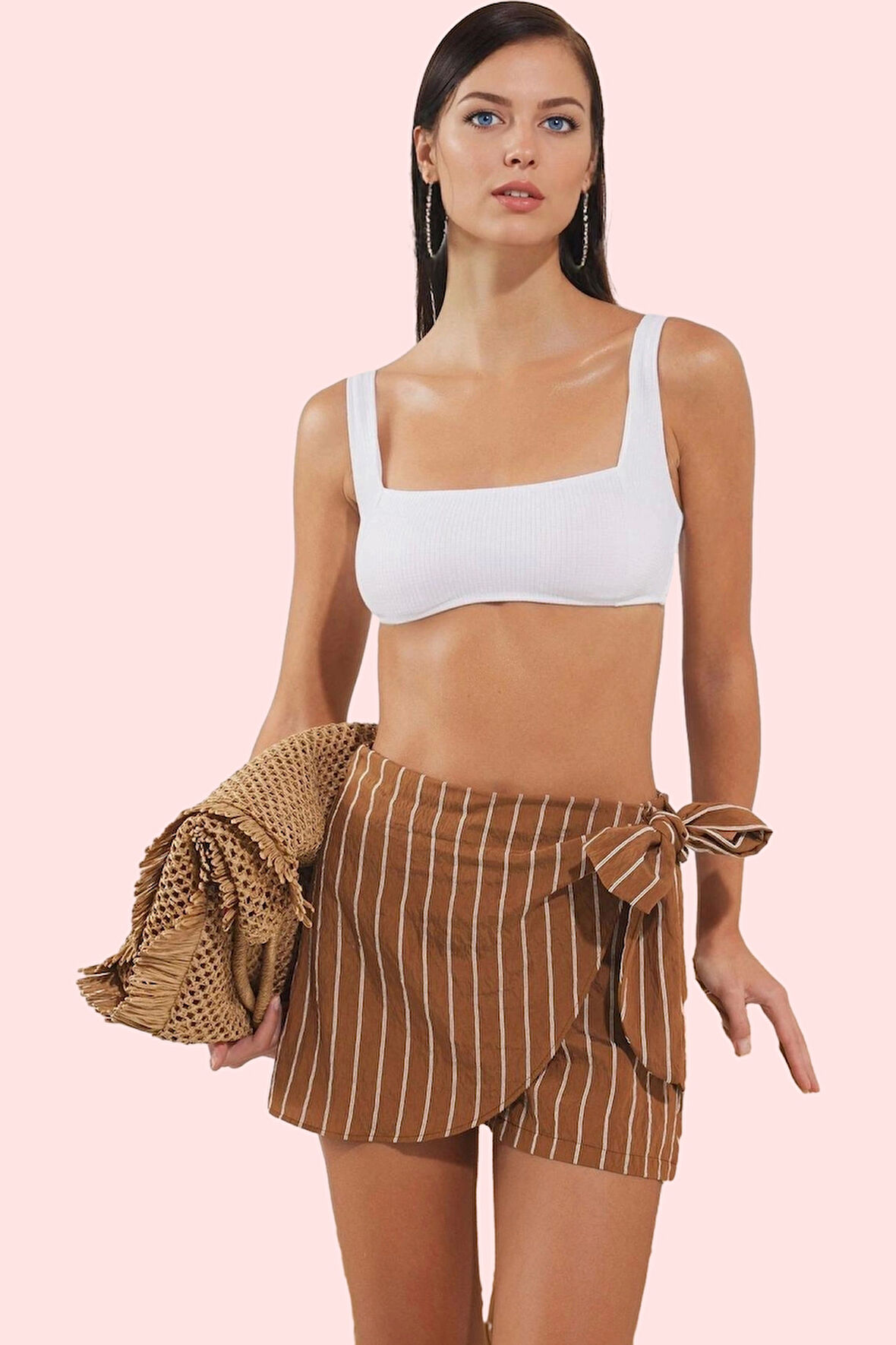 Kadın Şort Etek Yazlık Dokuma Dar Paça Çizgili Bağlama Detaylı Plaj Yaz Aylarının Vazgeçilmezi