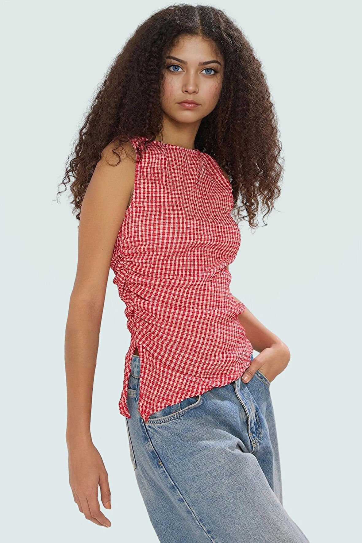 Kareli Jakarlı Fitted Örme Bluz Günlük Yazlık Zarifane Tasarım Trend Özel