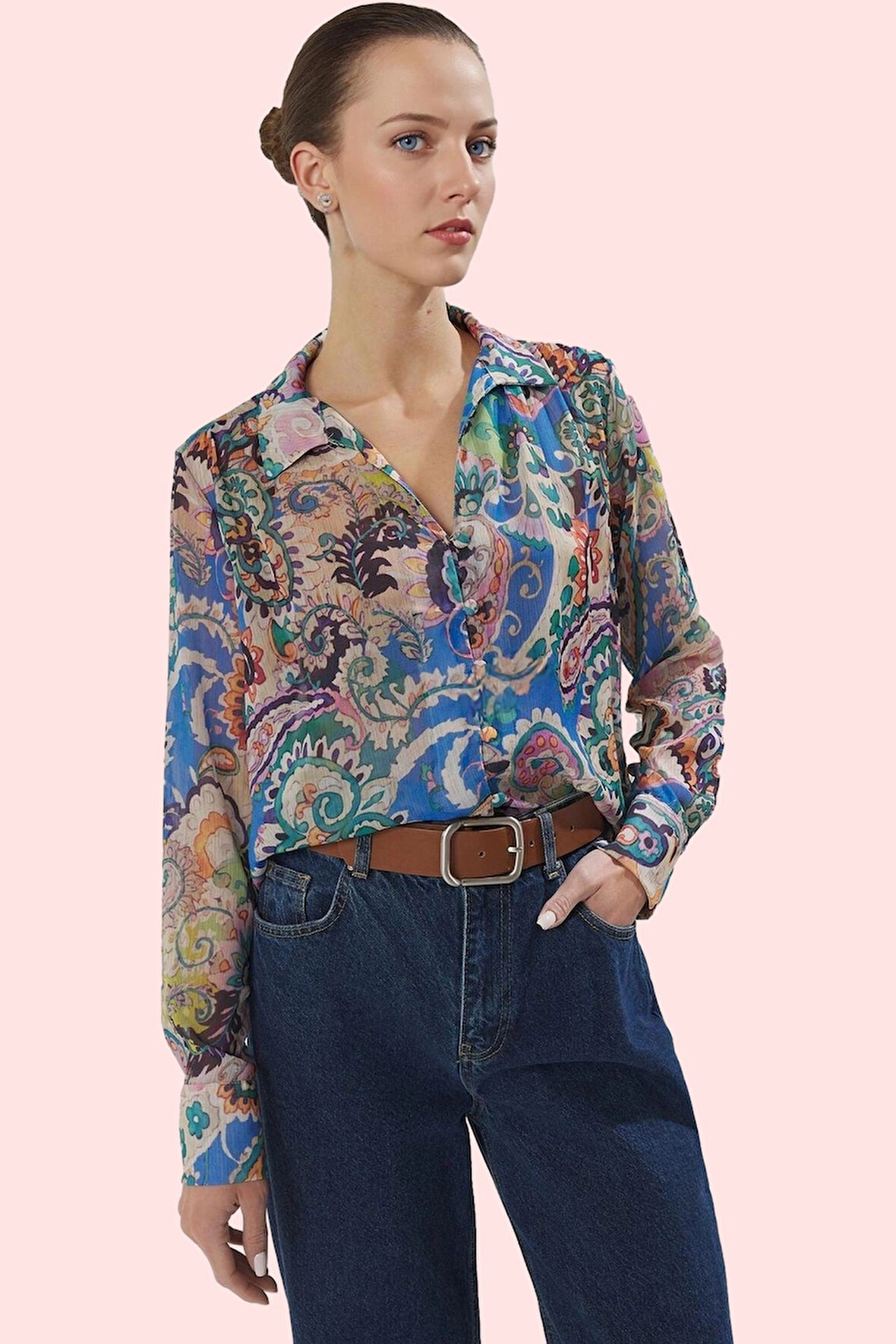 Kadın Oversize Desenli Şifon Gömlek Baskılı Uzun Kollu İş Gömleği Yaz Aylarının Vazgeçilmezi