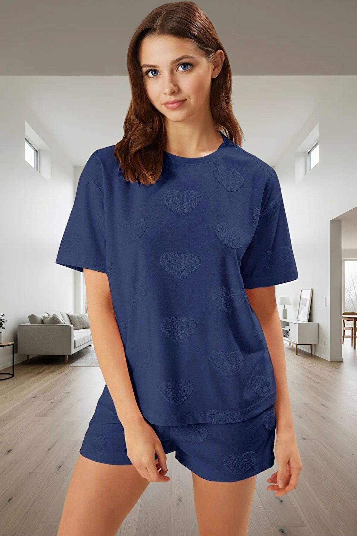 Kadın Kalpli Desenli Pamuklu Pijama Takımı Seçkin Malzeme Trend Tasarım