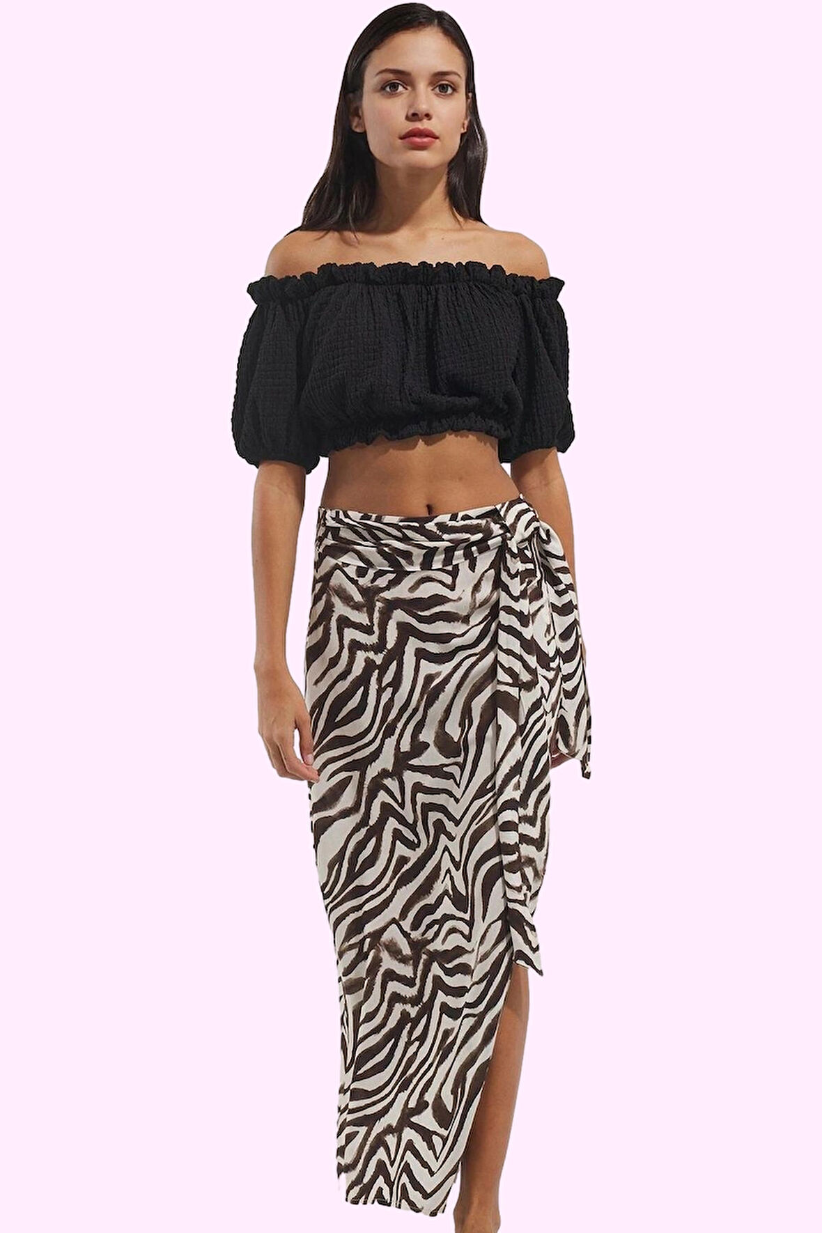 Kadın Midi Boy Zebra Desenli Sarong Etek Kuşaklı Viskoz Günlük Kullanım Yaz Aylarının Vazgeçilmezi