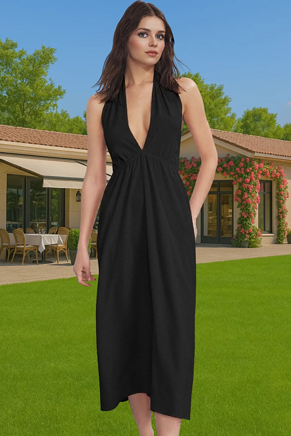 Maxi Bubble Krep Dokuma Plaj Elbisesi V Yaka Yazlık Modern Stil Rahat Kullanım Rahat Ve Şık