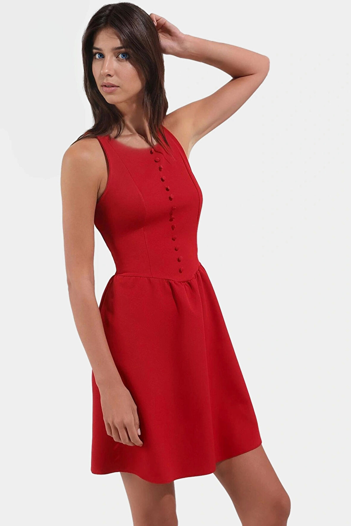 Yazlık Mini Elbise Dokuma Kumaş Skater Kalıp Günlük Şık Rahat Ve