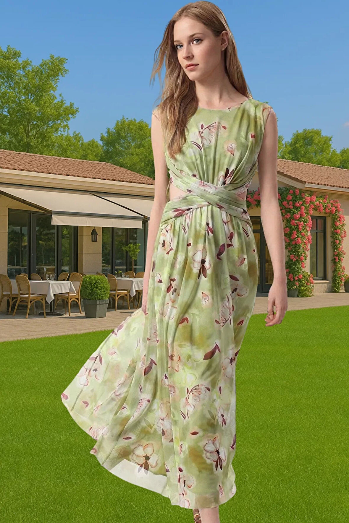 A Kesim Çiçek Desenli Tül Abiye Elbise Belden Açılan Etek Detaylı Şık Görünüm Modern Stil