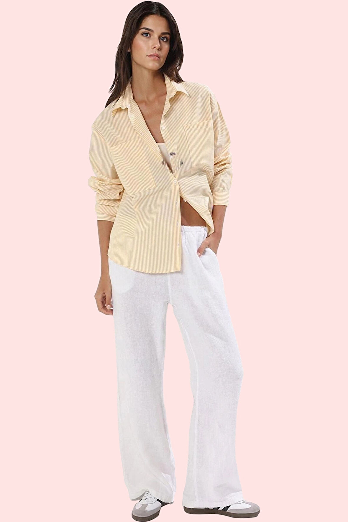 Kadın Çizgili Oversize Gömlek Basic Siluet Uzun Kollu Rahat Günlük Yaz Aylarının Vazgeçilmezi