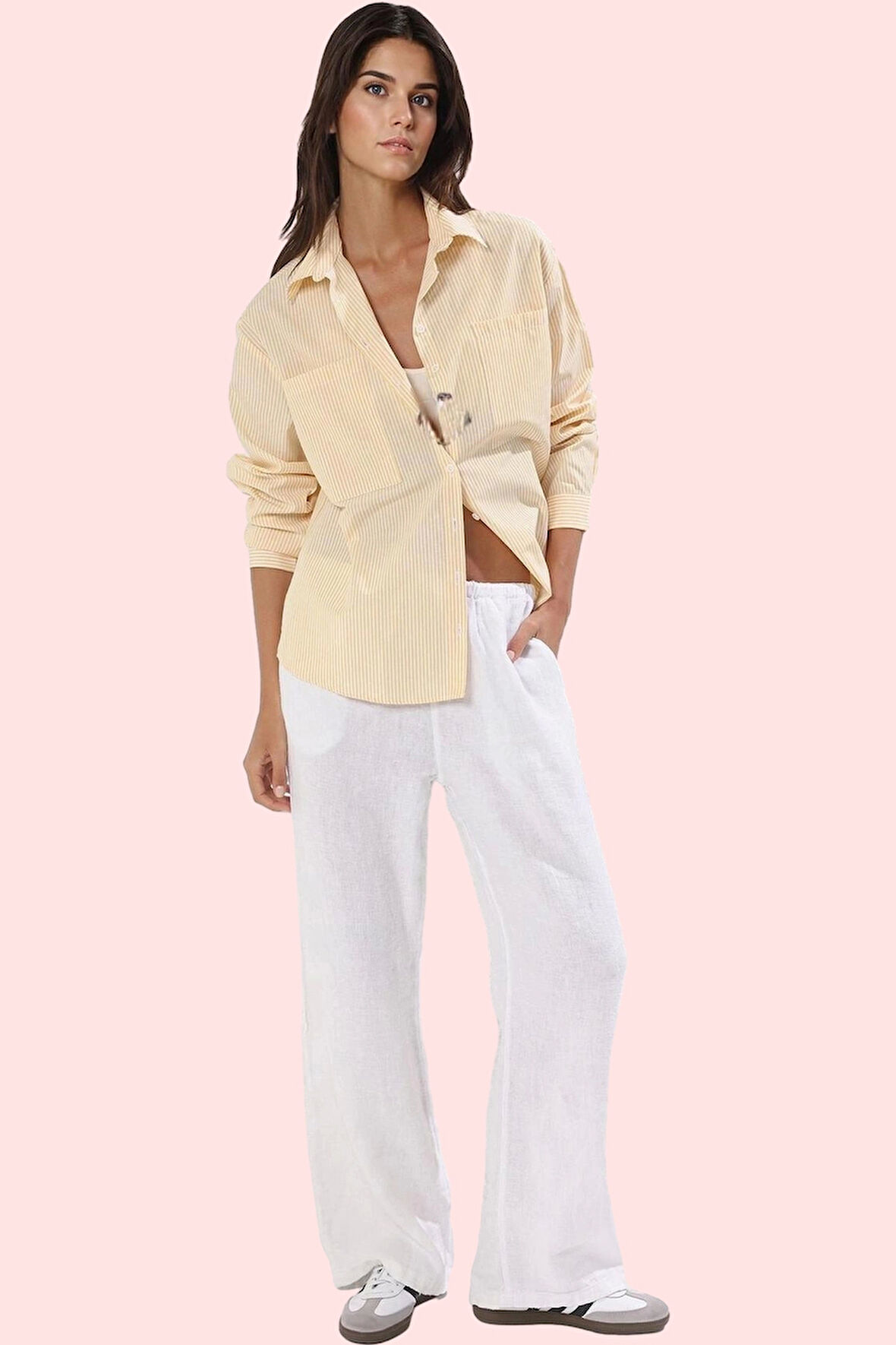 Kadın Çizgili Oversize Gömlek Basic Siluet Uzun Kollu Rahat Günlük Yaz Aylarının Vazgeçilmezi