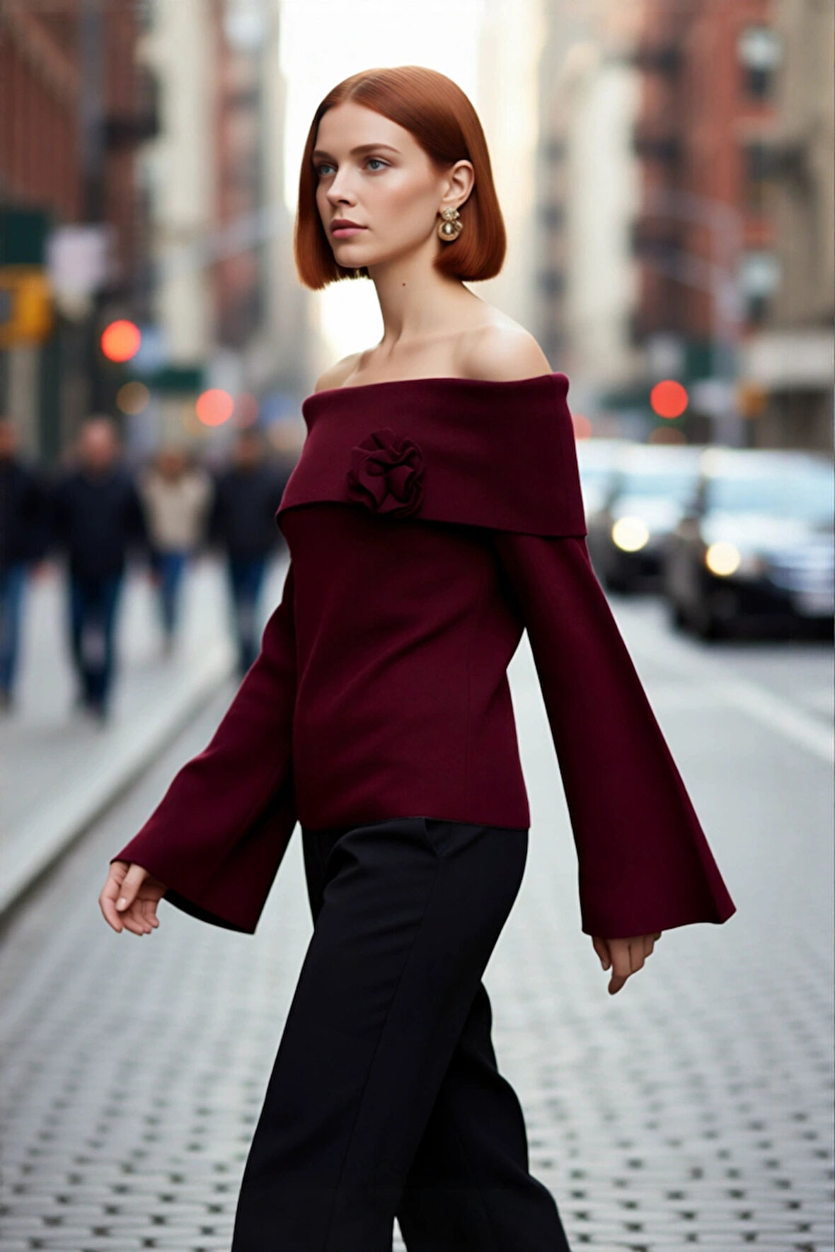 Kadın Gül Detaylı Carmen Yaka Triko Kazak Modern Şık Regular Kalıp Çan Kol Rahat Kullanım Kaliteli