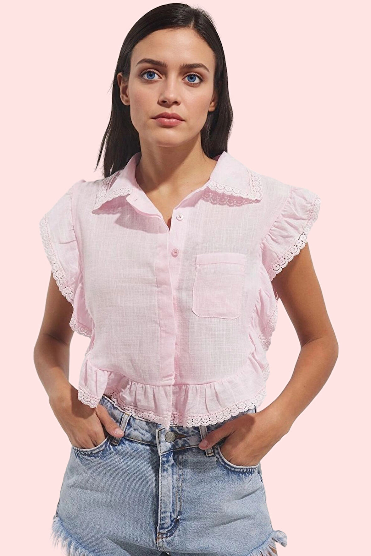Kadın Kolsuz Gömlek Yaka Fırfır Detaylı Pamuklu Bluz Yaz Aylarının Vazgeçilmezi Günlük Kullanım