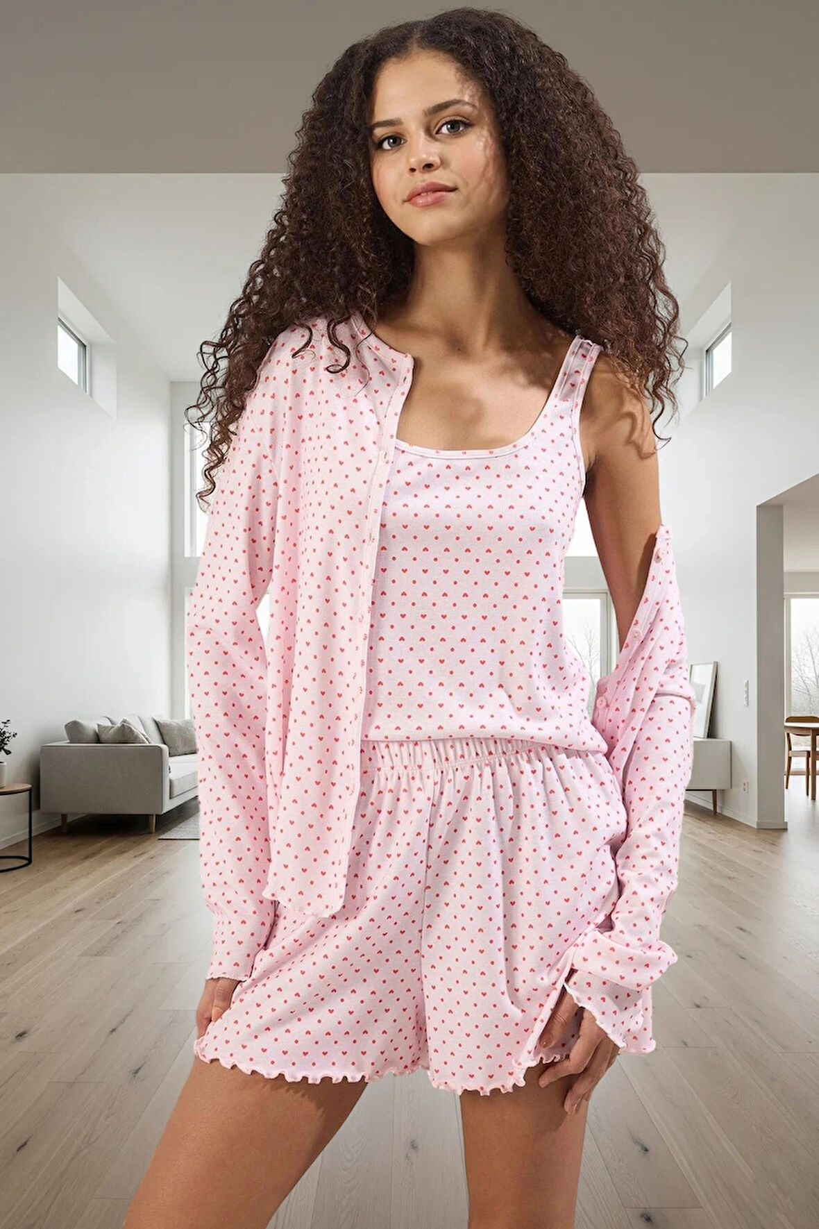 Kadın Kalpli Desenli Örme Pijama Takımı Rahat Ev Giyim Seti Konforlu Kesim Profesyonel Görünüm