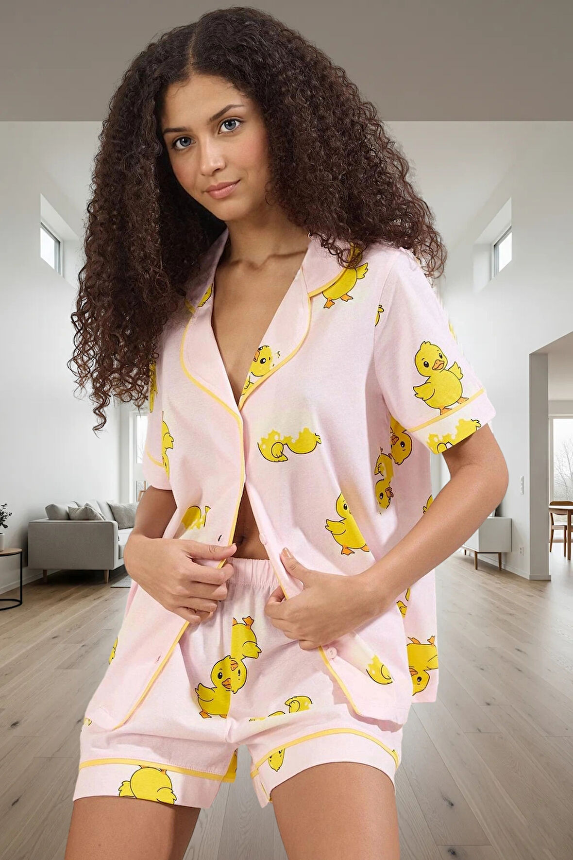 Kadın Pamuklu Örme Pijama Takımı Ördek Desenli Kısa Kollu Regular Kalıp Modern Stil Özel Tasarım
