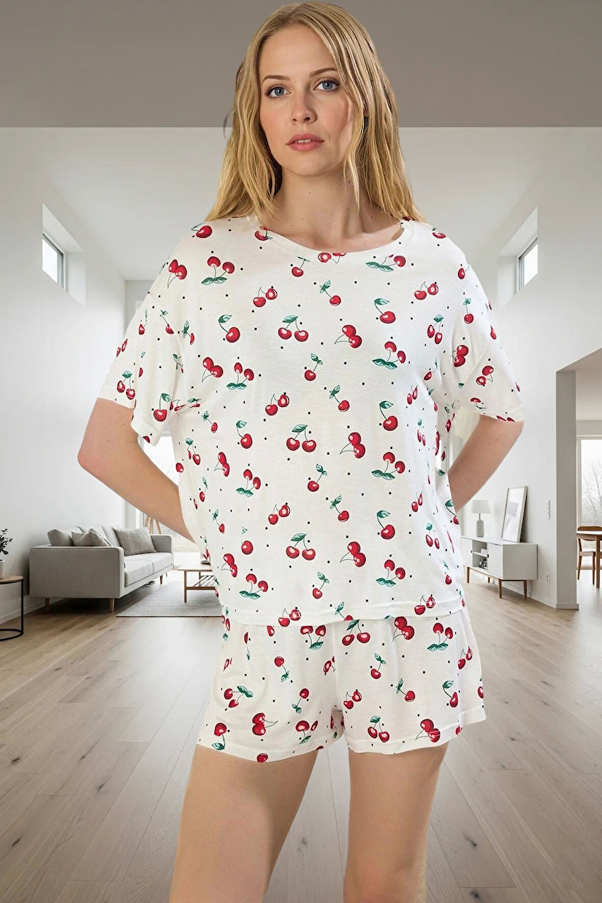 Kadın Rahat Yazlık Kiraz Desenli Viskon Pijama Takımı Profesyonel Görünüm Özenle Seçilmiş