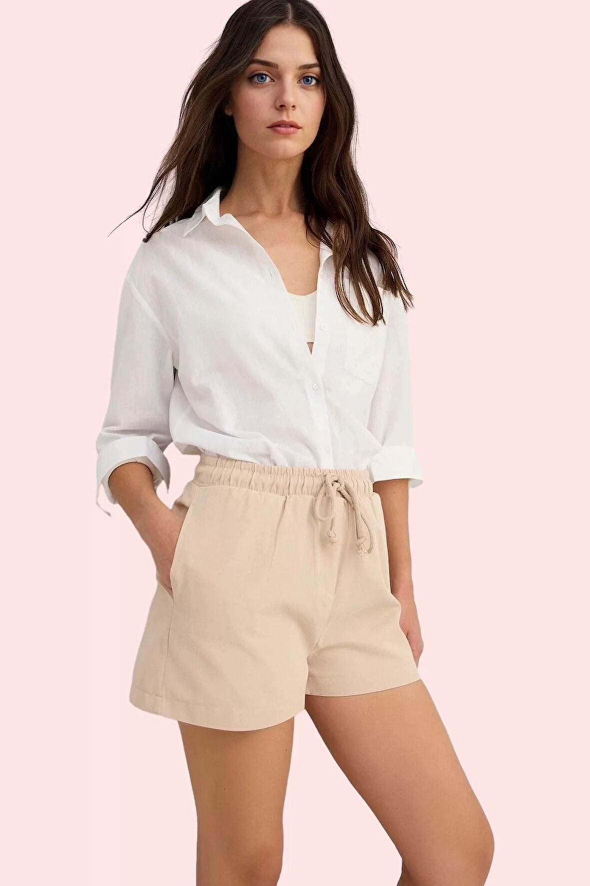 Kadın Pamuklu Gabardin Mini Şort Yüksek Bel Straight Kesim Yazlık Günlük Dayanıklı Malzeme