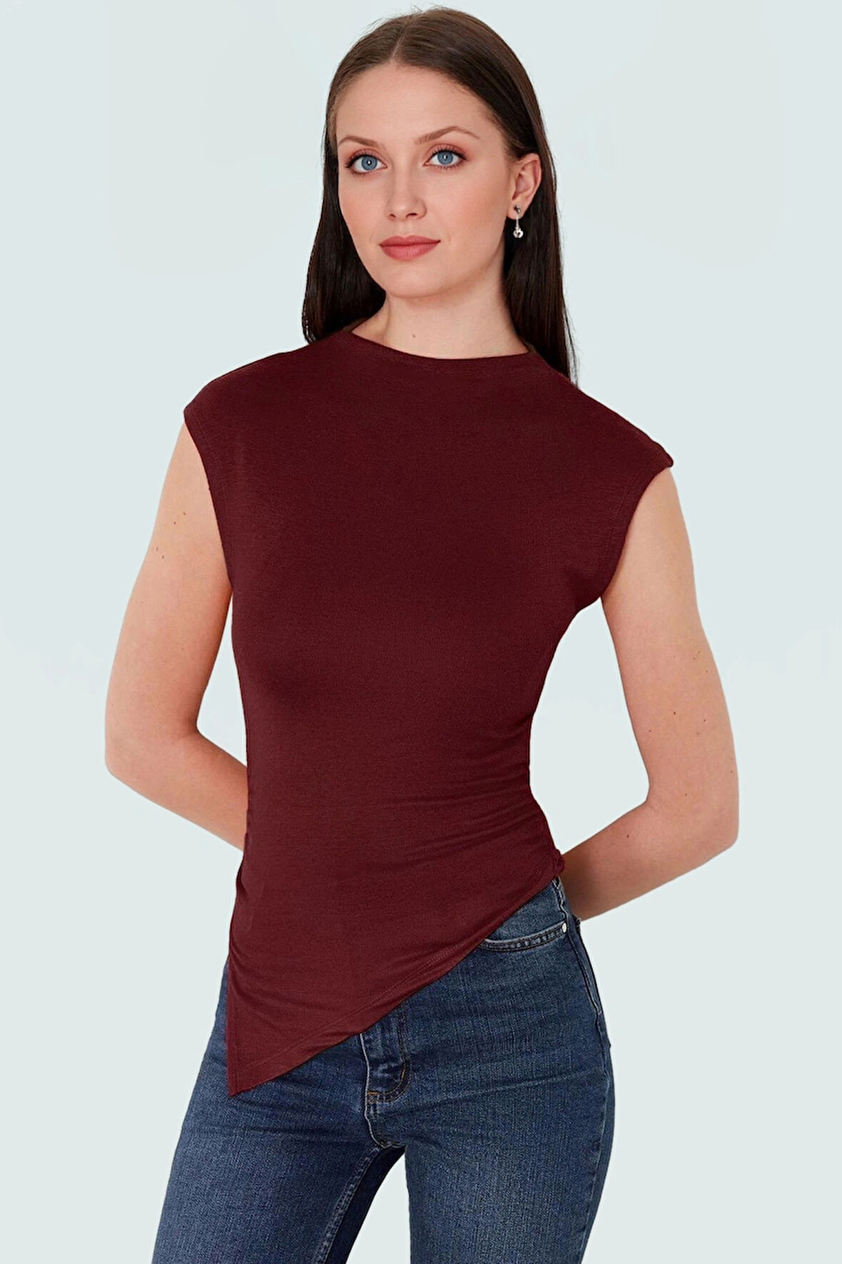 Asimetrik Kolsuz Bluz Viskoz Elastan Yazlık Fitted Dik Yaka Şık Görünüm Günlük Kullanım İçin