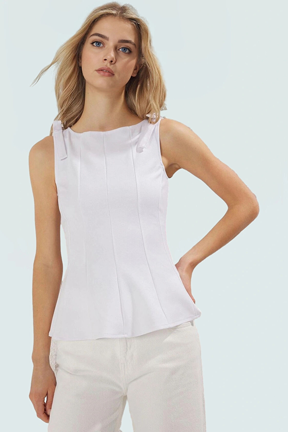 Fitted Peplum Bluz Kolsuz Bisiklet Yaka Örme Yazlık Seçkin Malzeme Yüksek Kalite