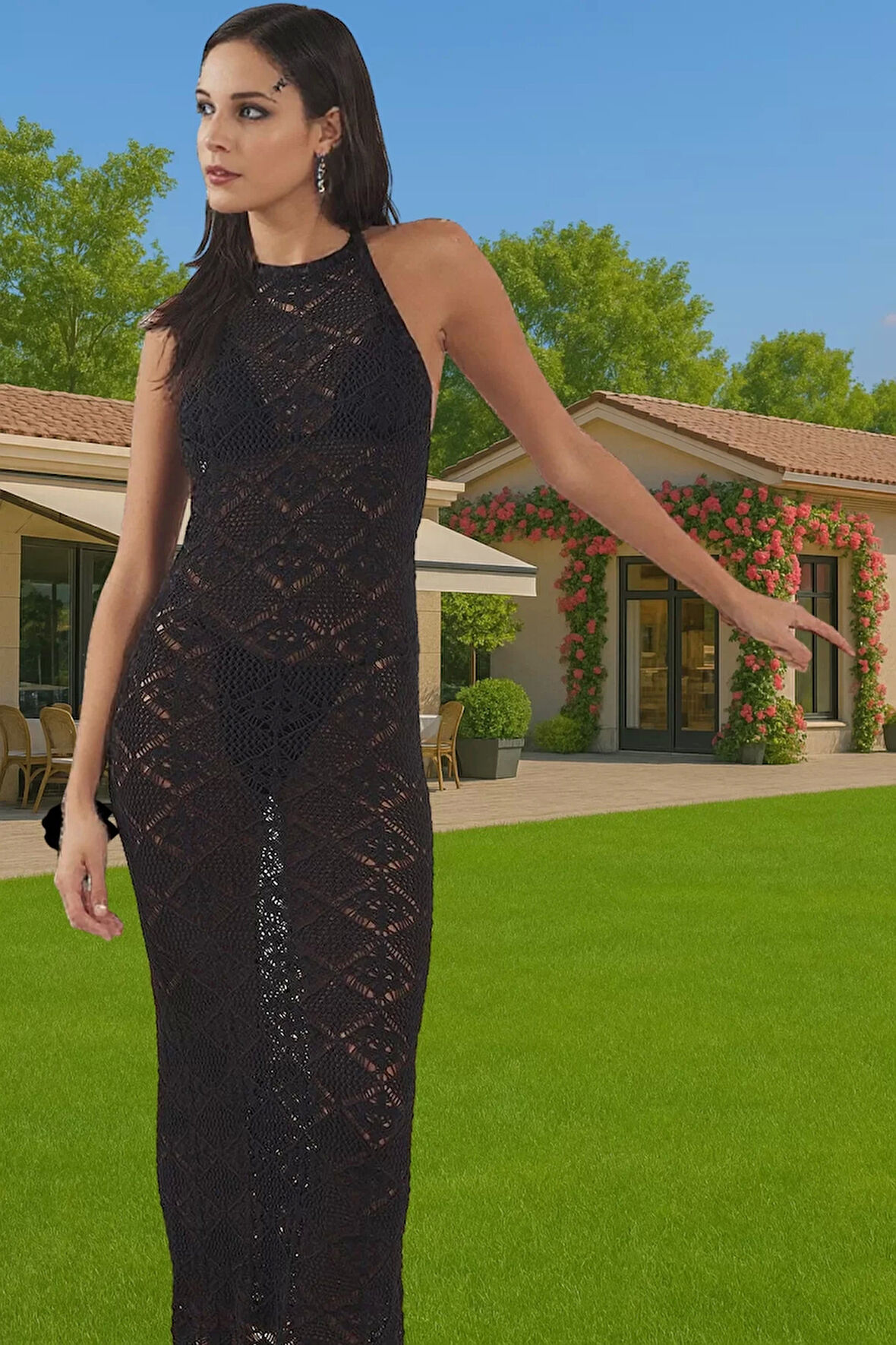 Kadın Maxi Boy Triko Plaj Elbise Halter Yaka Yazlık Şık Modern Stil Dayanıklı Malzeme