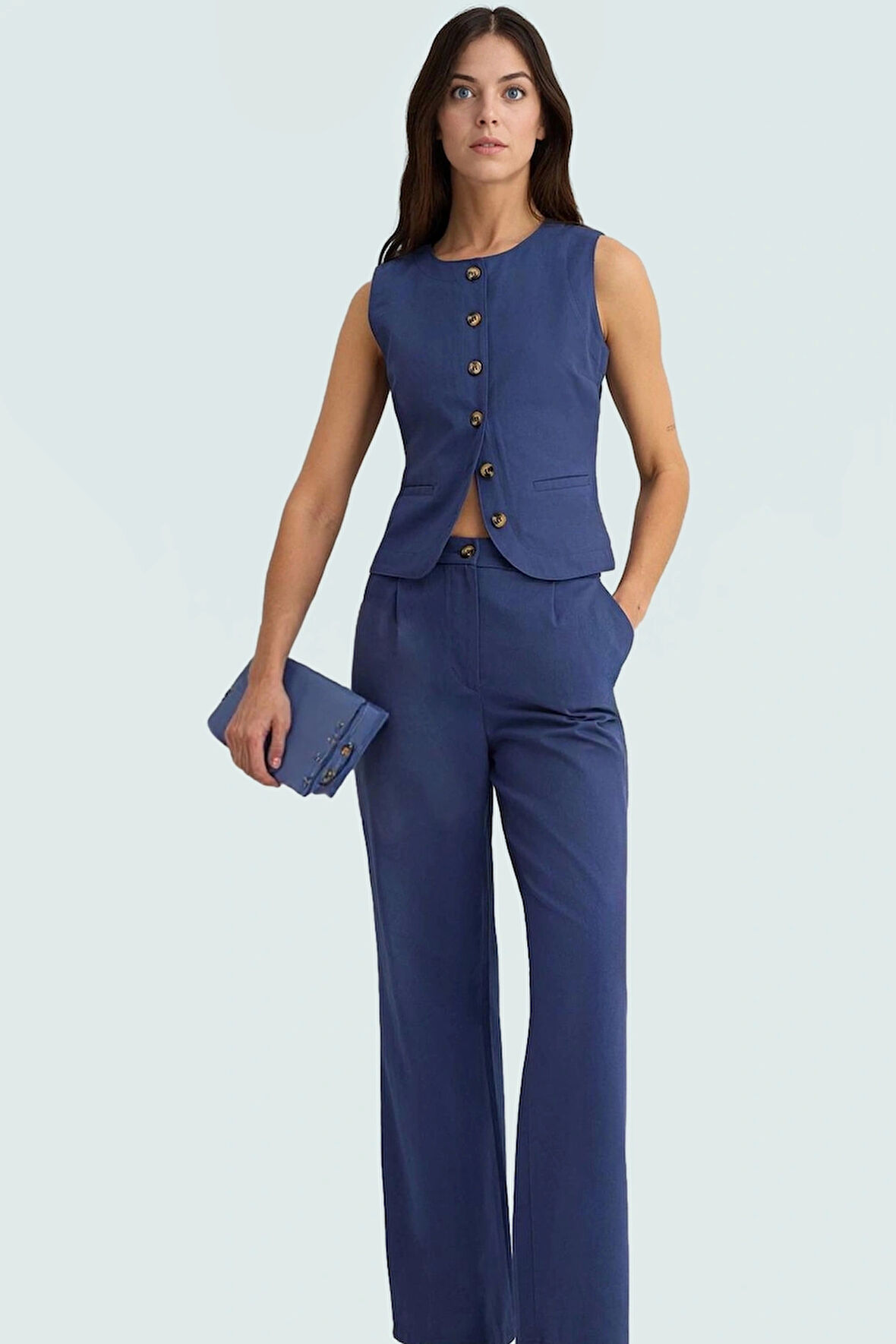 Yazlık Pamuklu Gabardin Yelek Pantolon Takım Geniş Paça Rahat Günlük Stil Kullanım İçin