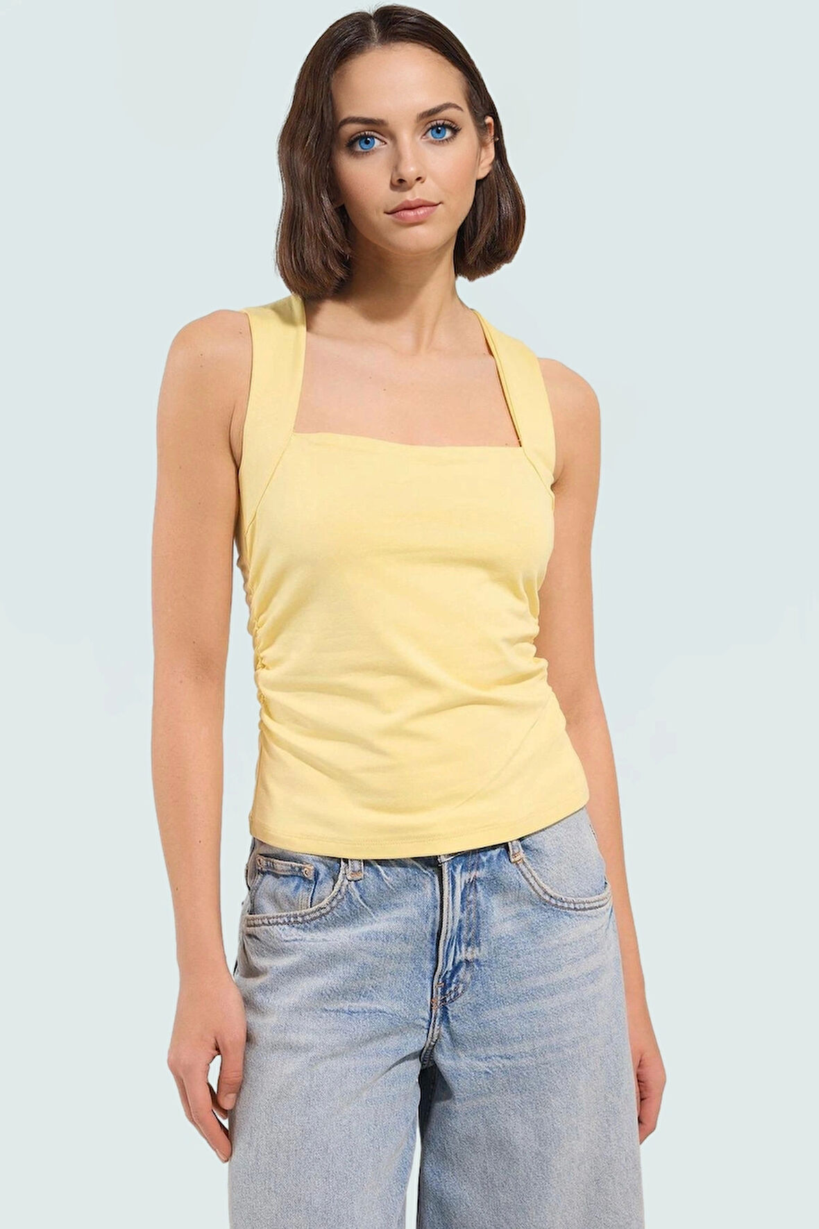 Kadın Fitted Büzgülü Örme Bluz Kare Yaka Günlük Mükemmel Uyum Özel Tasarım