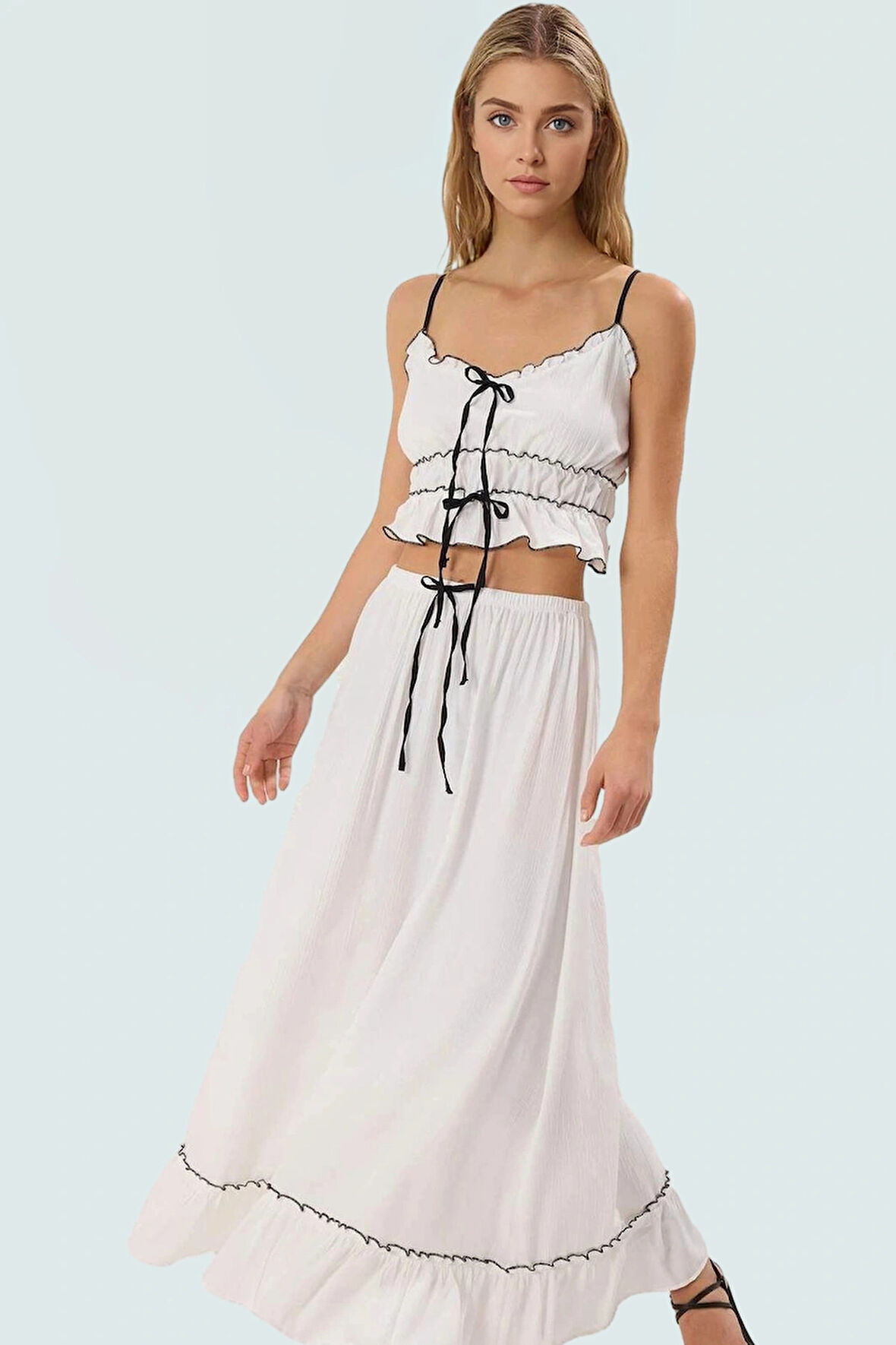 Yazlık Kadın Plaj Bluz Etek Takımı İnce Askılı Viskoz Polyester Trend Tasarım Rahat Kullanım