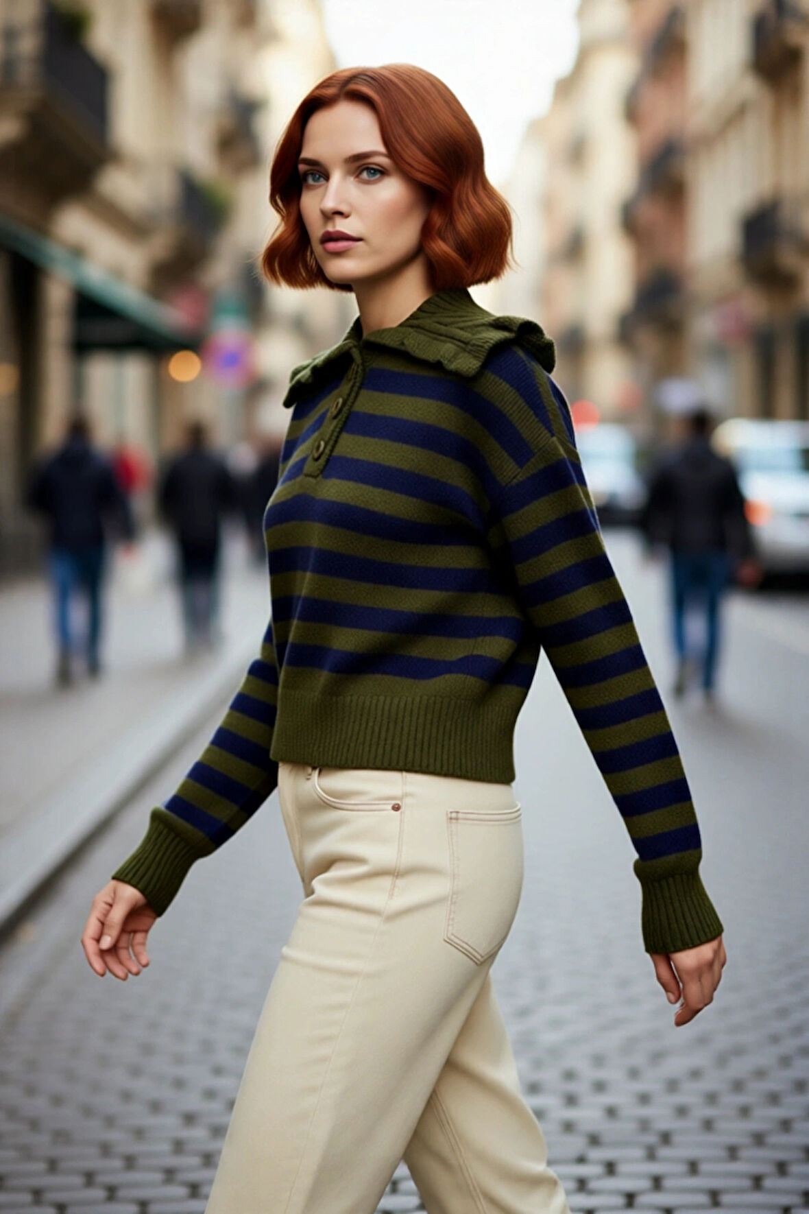 Kadın Haki Çizgili Devrik Yaka Crop Triko Kazak Düşük Kollu Rahat Kışlık Basic Model Kaliteli