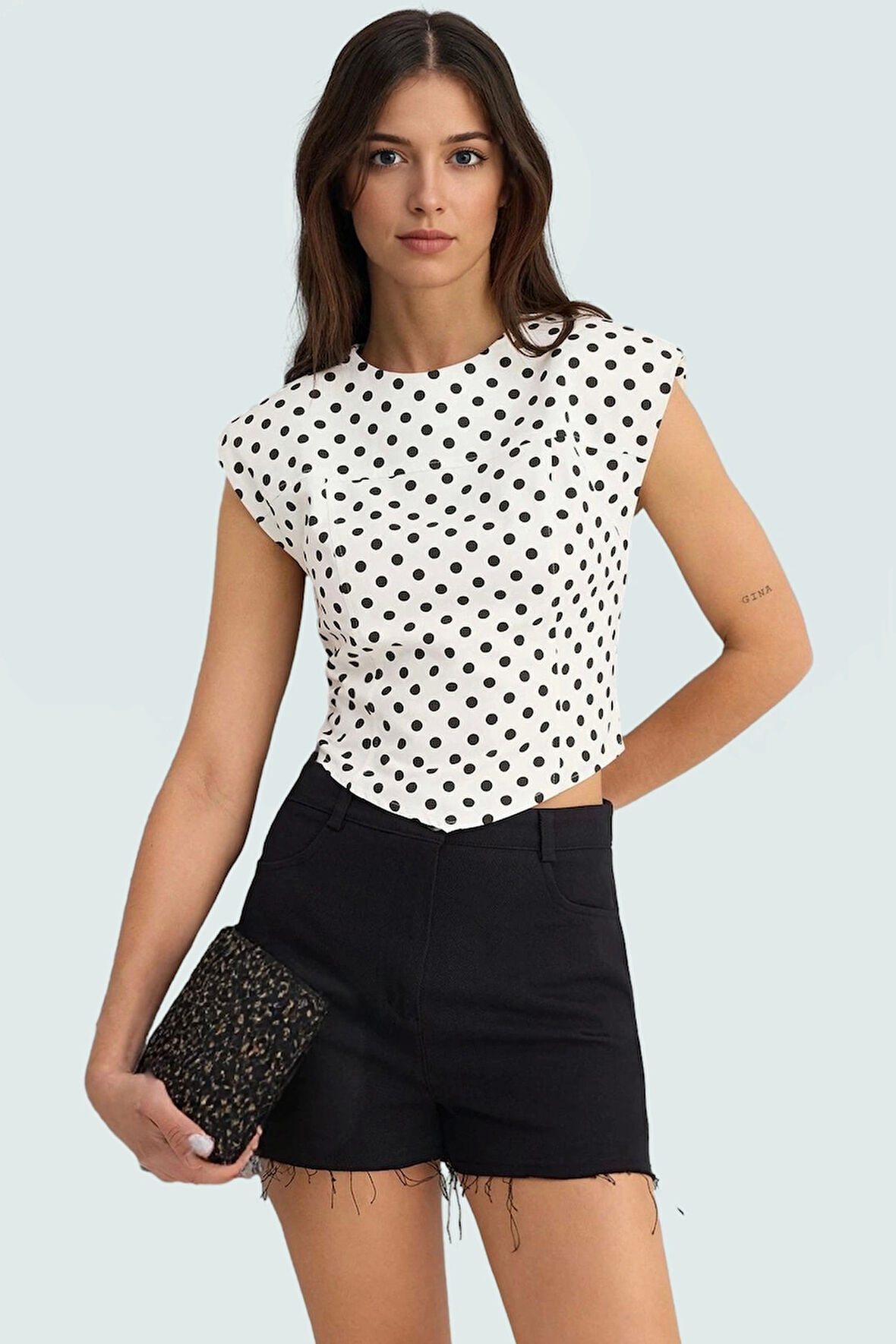 Pamuklu Puantiyeli Crop Bluz Fitted Kalıp Günlük Stil Yüksek Kalite Özel Tasarım