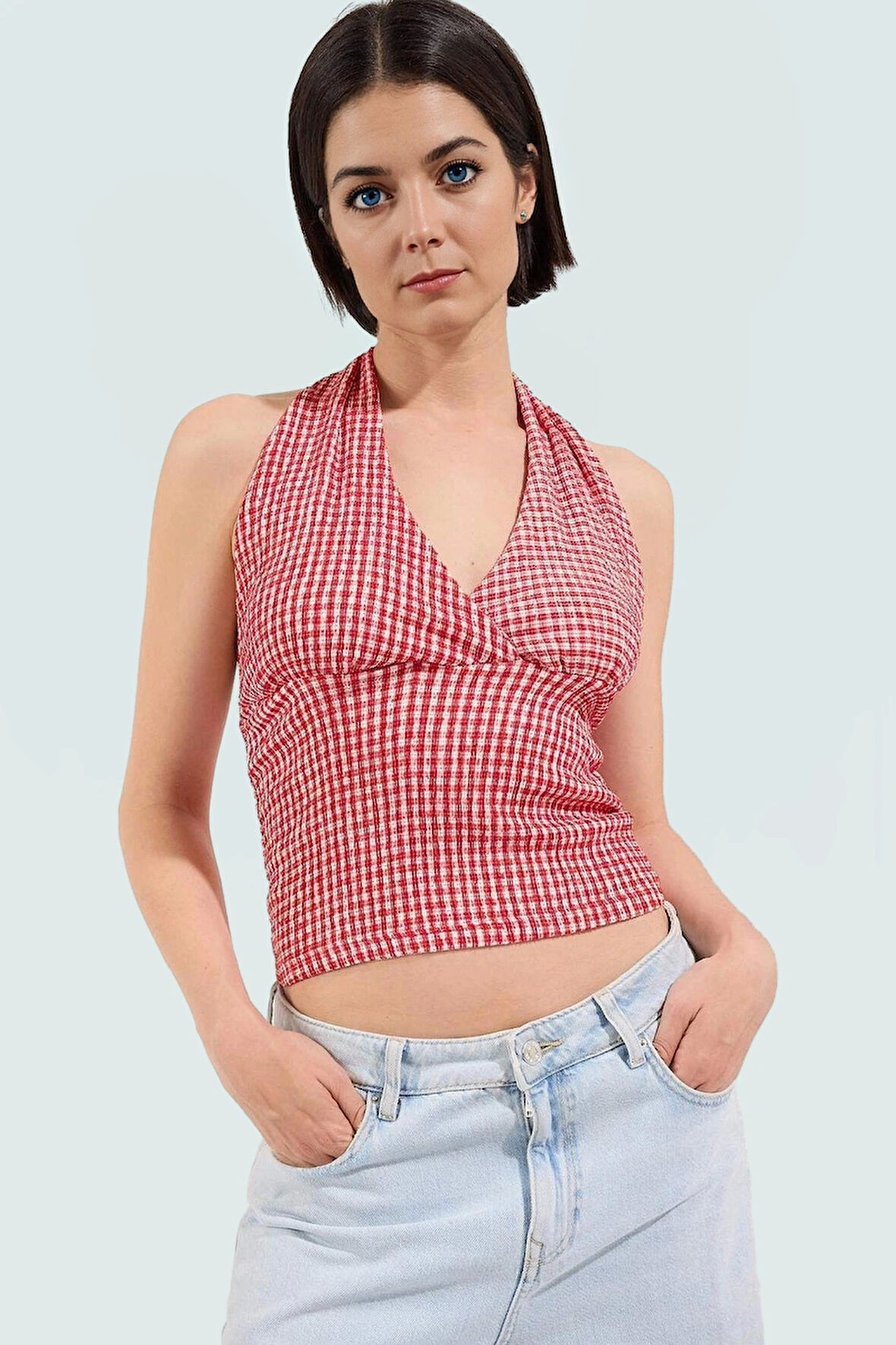 Kareli Boyundan Bağlamalı Fitted Örme Bluz Günlük Stil Özenle Seçilmiş Uzun Ömürlü