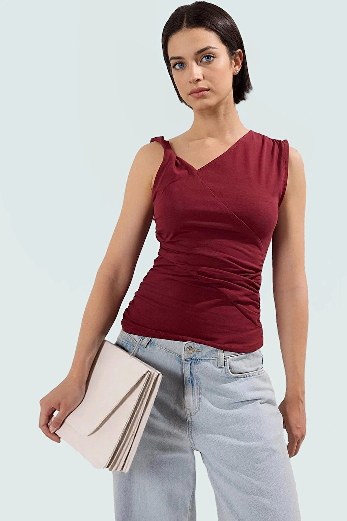 Kadın Asimetrik Yaka Büzgülü Örme Bluz Rahat Günlük Stil Trend Tasarım Şık Görünüm