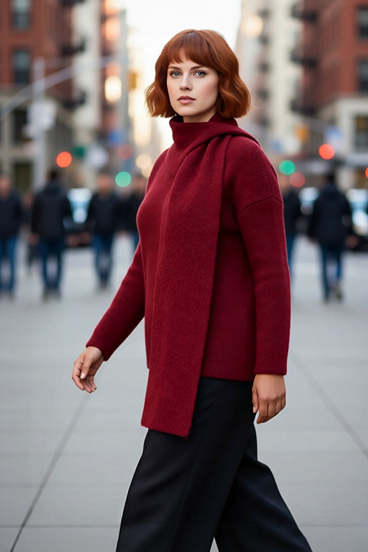 Kadın Bordo Şal Detaylı Yün İçerikli Kalın Triko Kazak Düz Desenli Regular Kalıp Uzun Kollu Kışlık